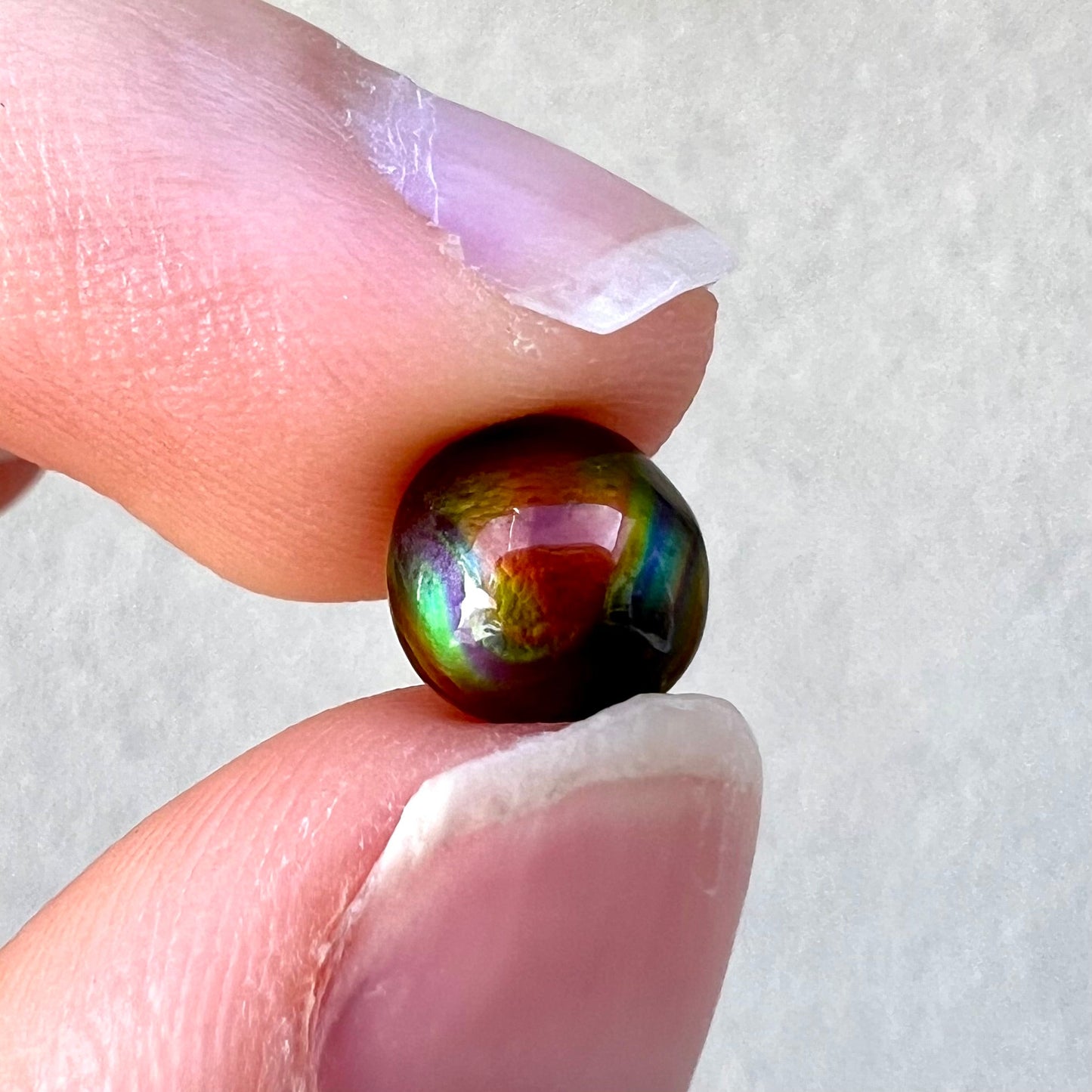 A 1.69ct round cabochon cut Mexican fire agate stone. The stone is red with purple and green swirls.
