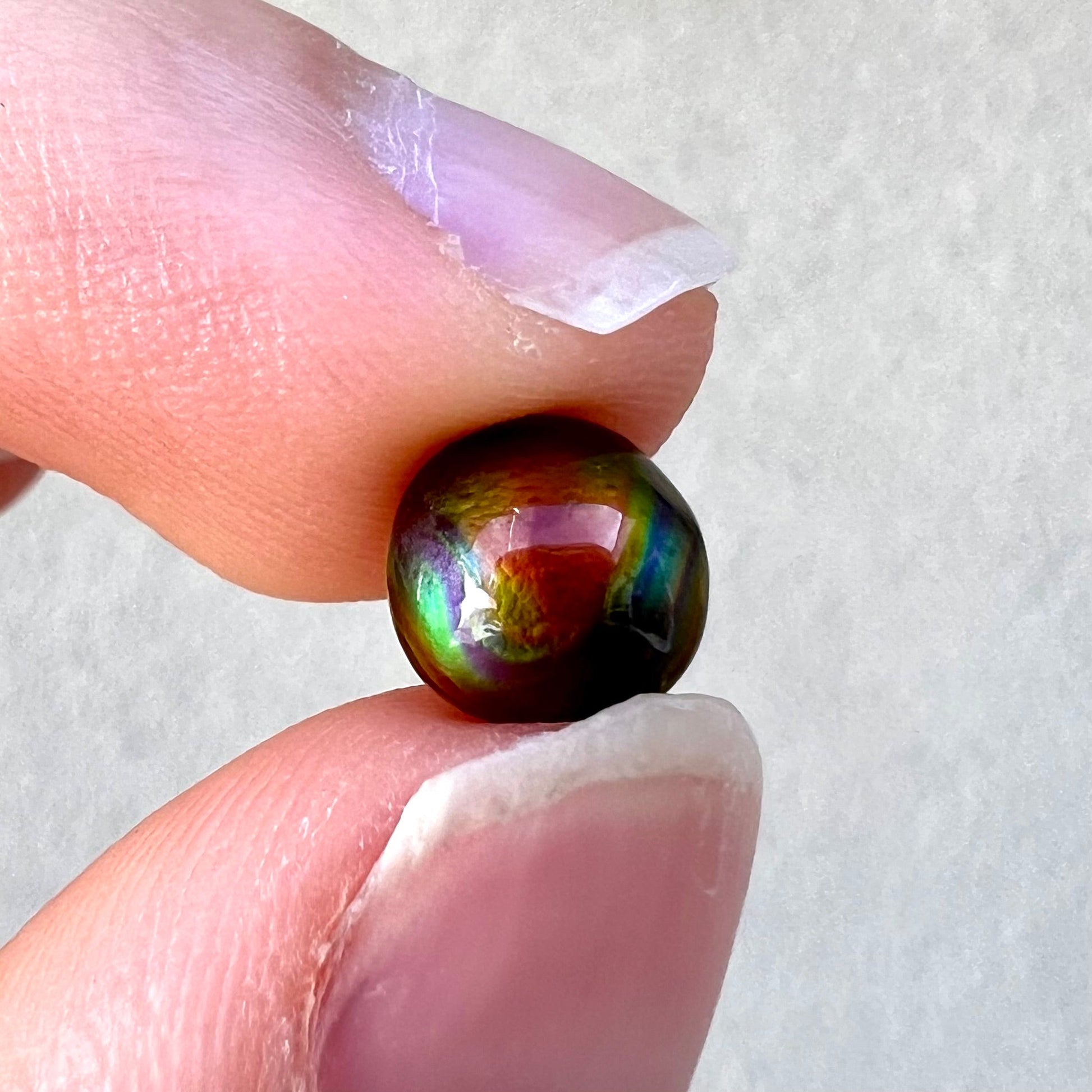 A 1.69ct round cabochon cut Mexican fire agate stone.  The stone is red with purple and green swirls.