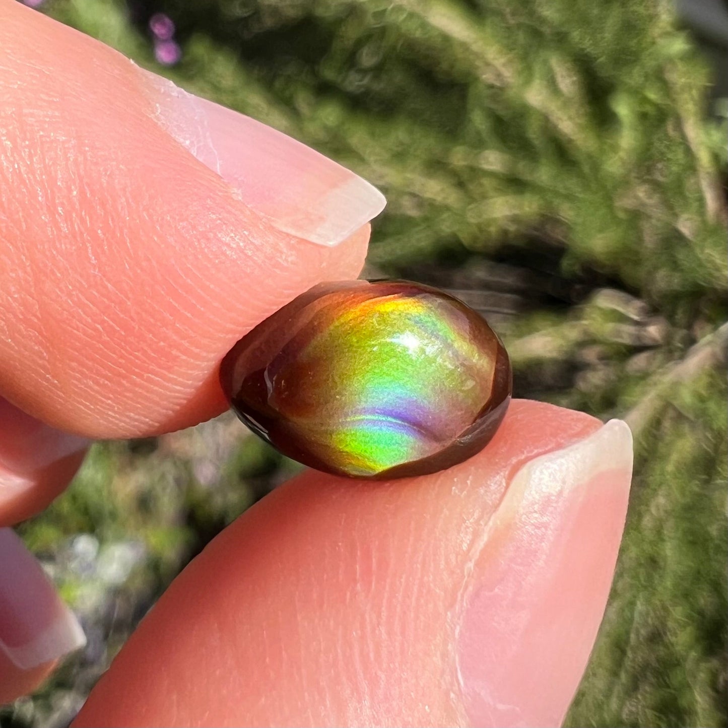 A loose, 3.38ct, pear shaped Mexican fire agate stone. The stone shines a vivid, bright green color with a purple streak.