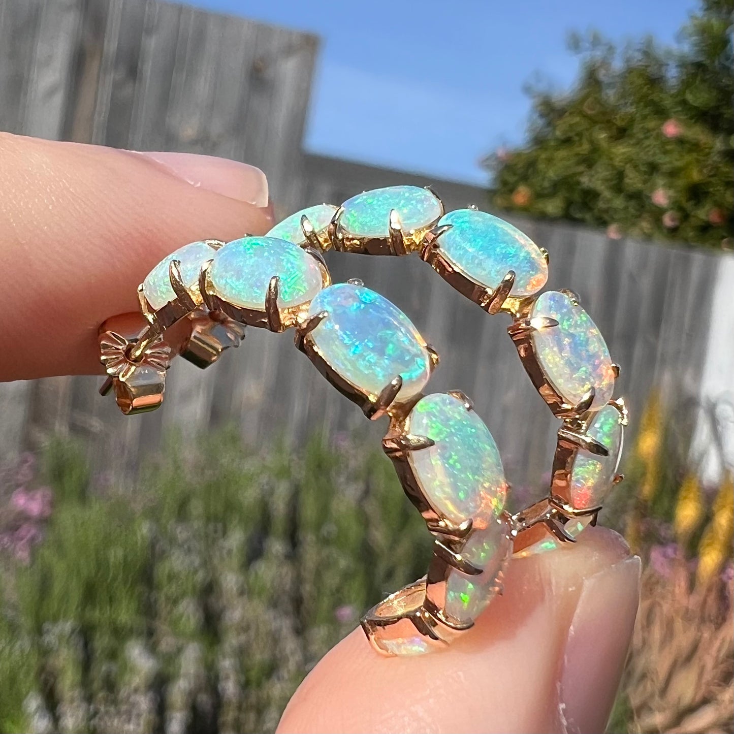 Angled sunlight shot of crystal opal earrings with blue, green, and orange fire.