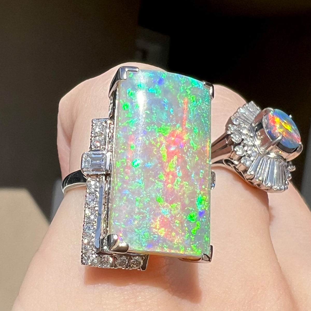 The Empress | Vintage Japanese 11.46ct Rectangular Australian Light Opal & Diamond Cocktail Ring in Platinum, c.1950s