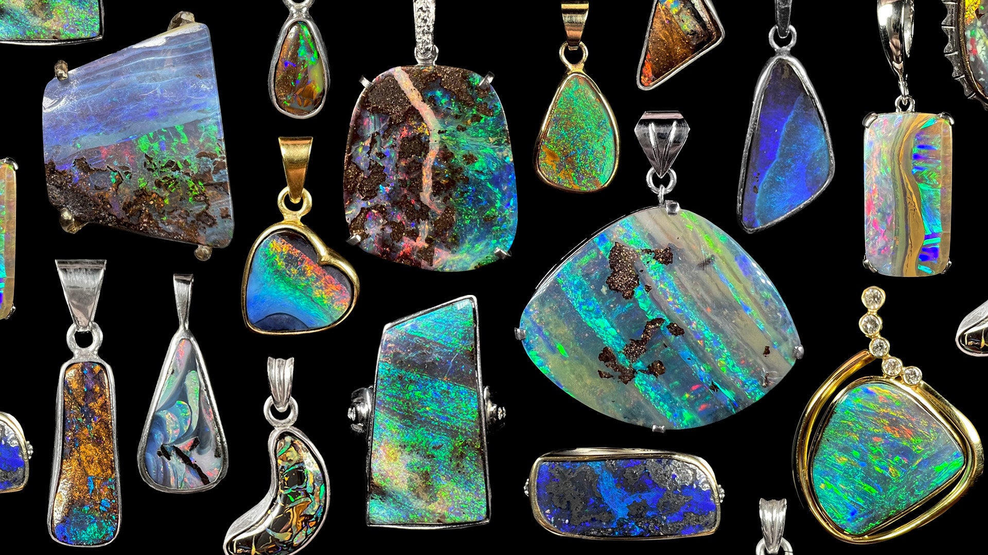 A collection of colorful Australian boulder opal rings and pendants in silver, gold, and platinum.