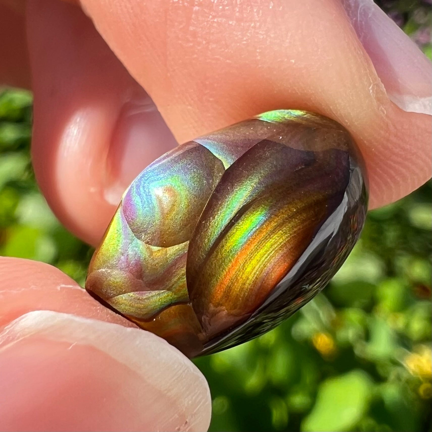 An oval cabochon cut Mexican fire agate stone.  The stone has bright, multicolored iridescent banding.