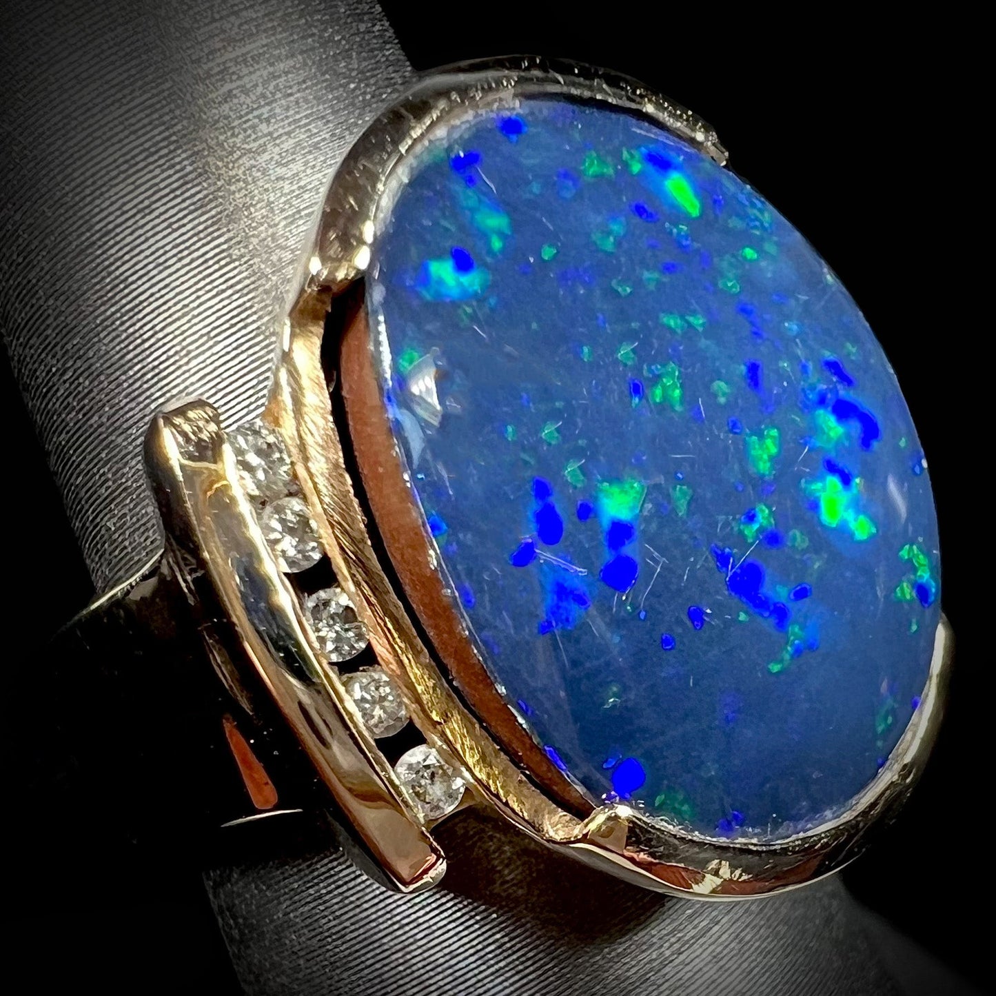Lulu | Estate Black Boulder Opal Doublet & Diamond Ring in 14k Gold