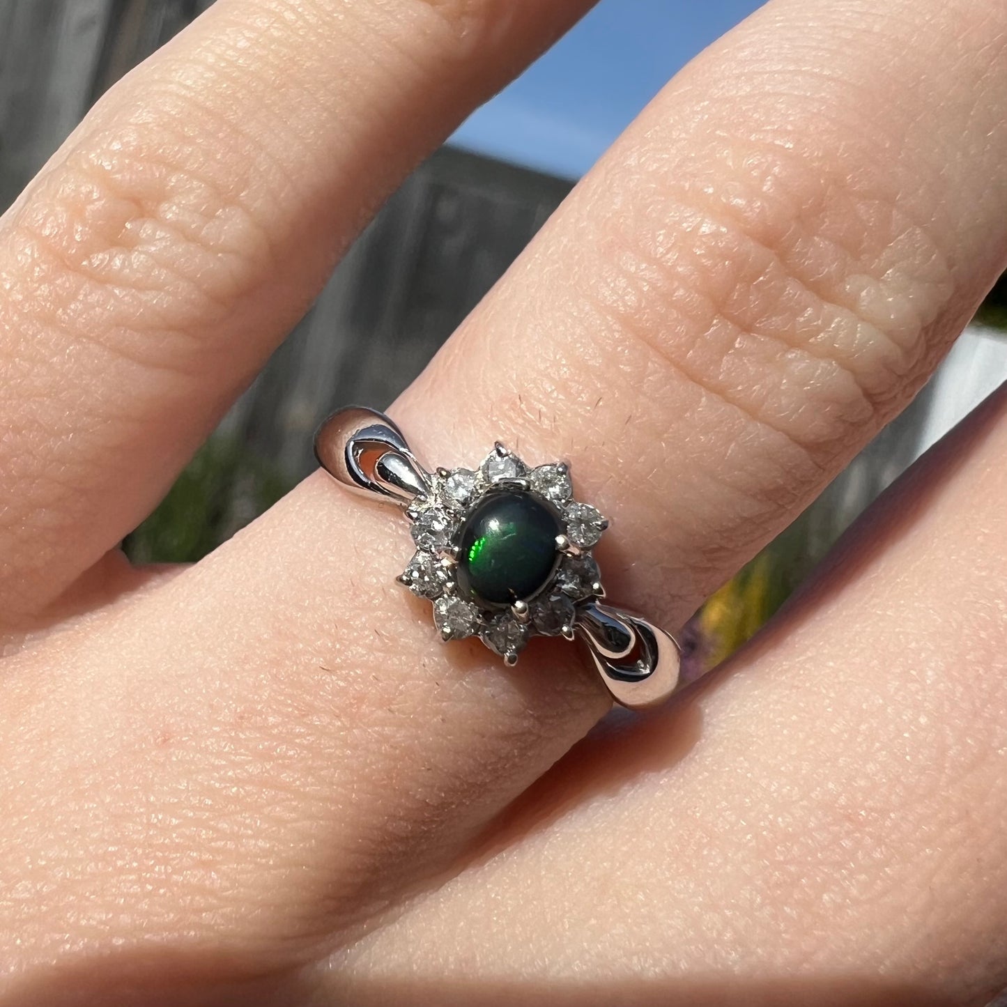 Macro outdoor view of black opal ring showing very small green flash, rest of opal is dark.