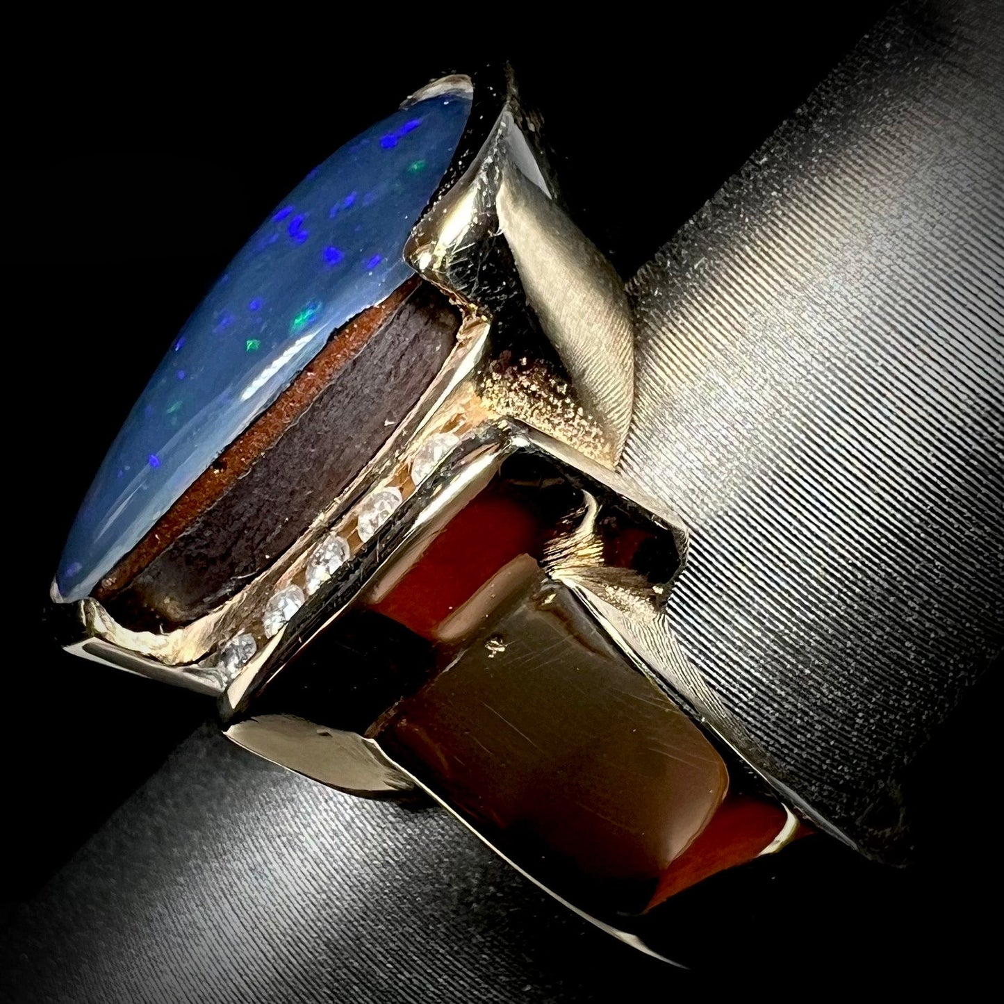 Lulu | Estate Black Boulder Opal Doublet & Diamond Ring in 14k Gold