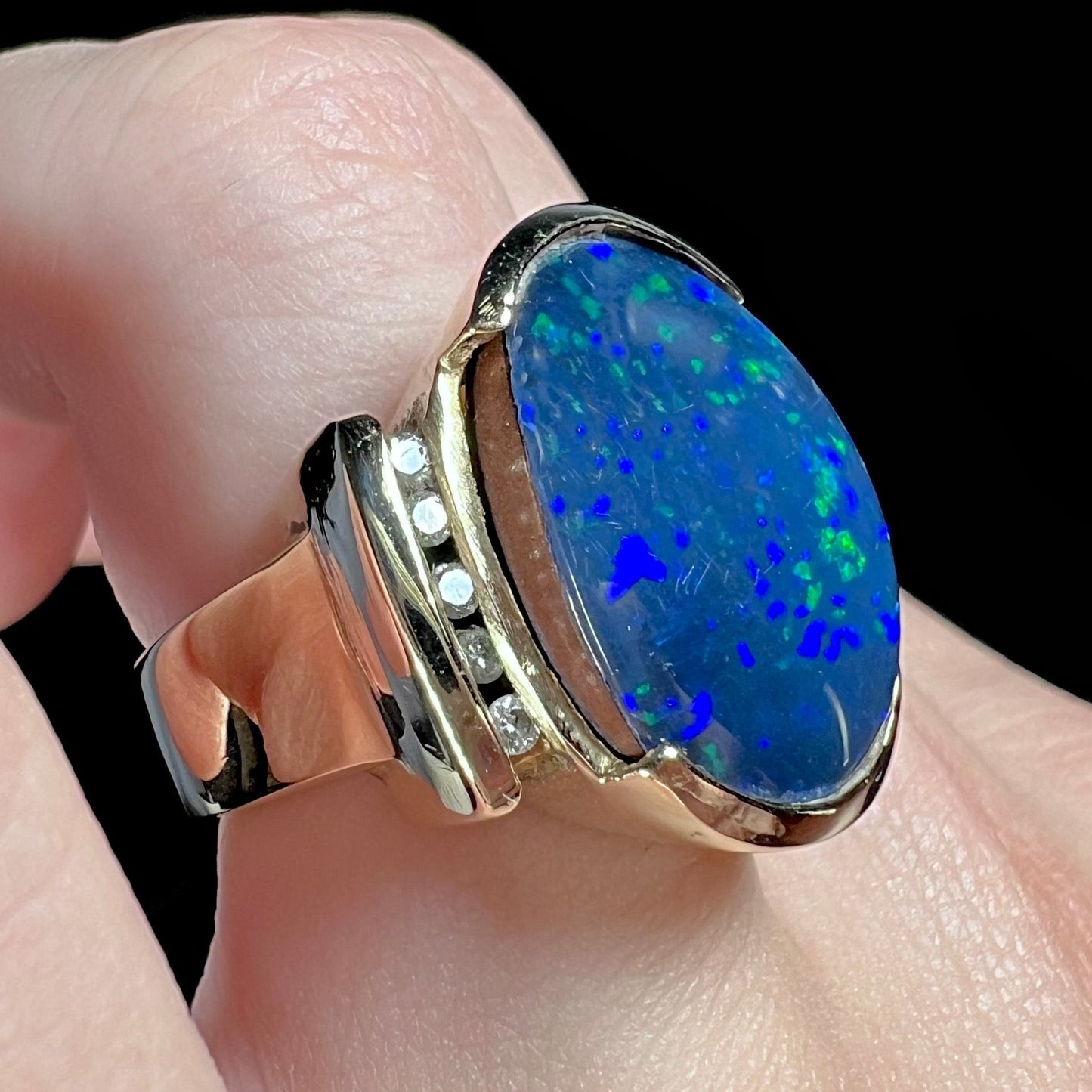 Lulu | Estate Black Boulder Opal Doublet & Diamond Ring in 14k Gold