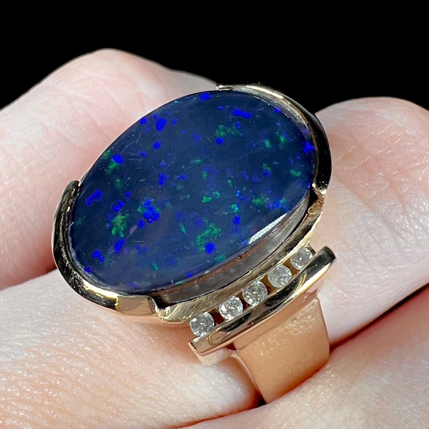 Lulu | Estate Black Boulder Opal Doublet & Diamond Ring in 14k Gold