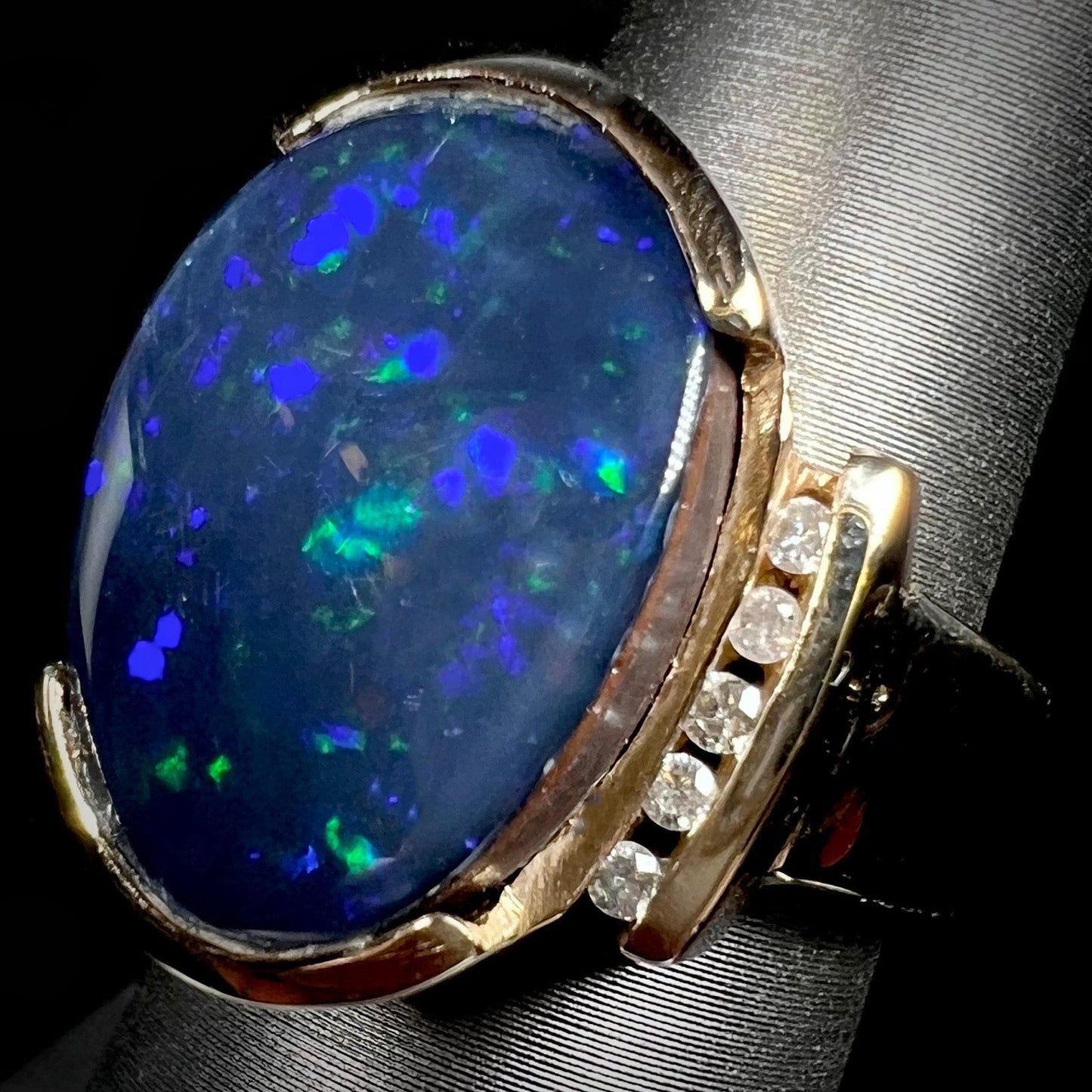 Lulu | Estate Black Boulder Opal Doublet & Diamond Ring in 14k Gold