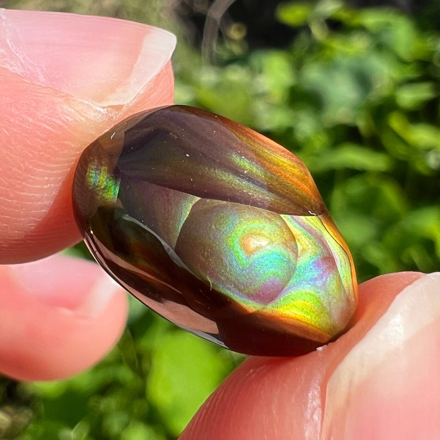 An oval cabochon cut Mexican fire agate stone.  The stone has bright, multicolored iridescent banding.