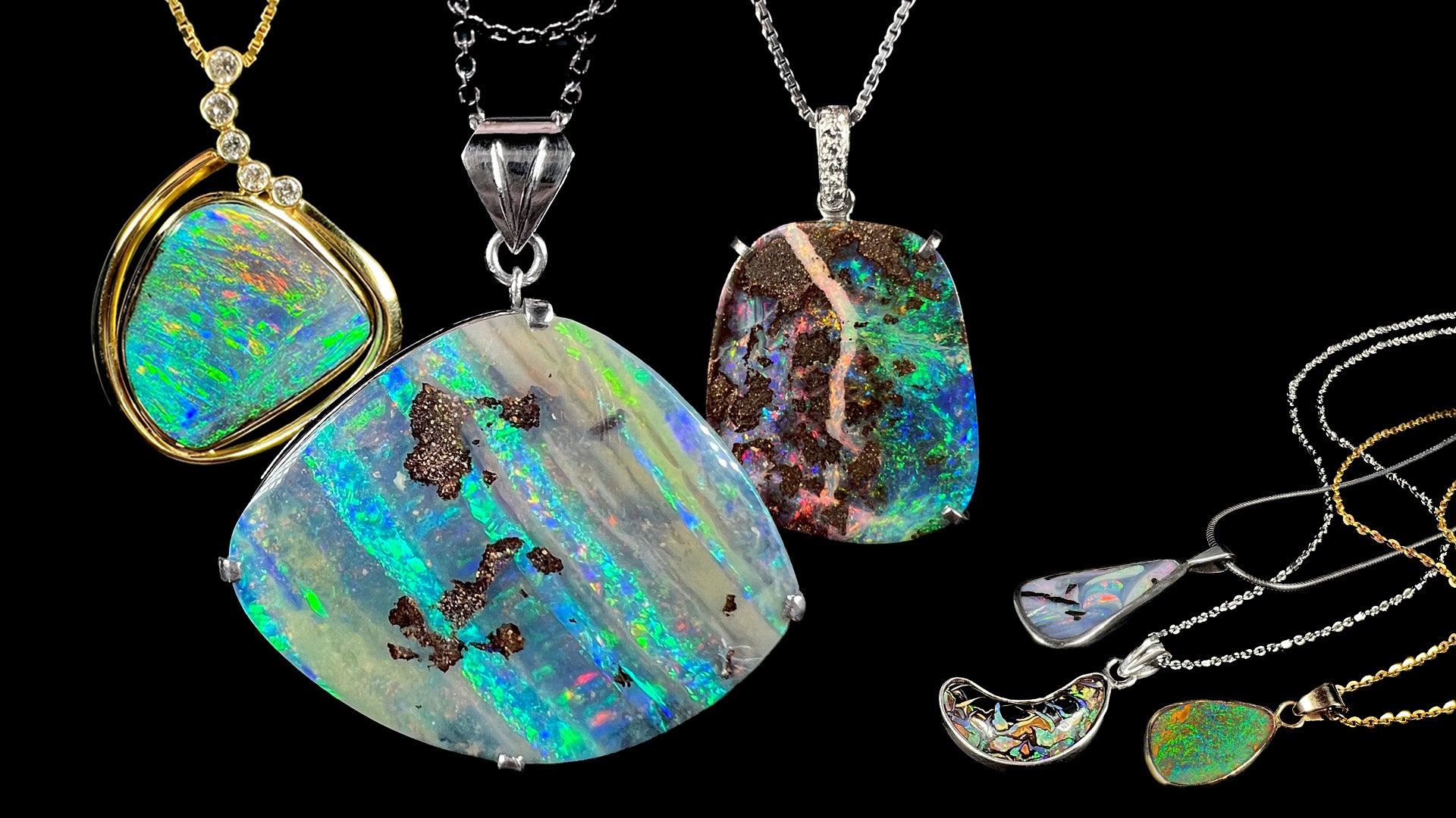 A collection of six colorful Australian boulder opal necklaces from large to small set in silver, gold, and platinum.