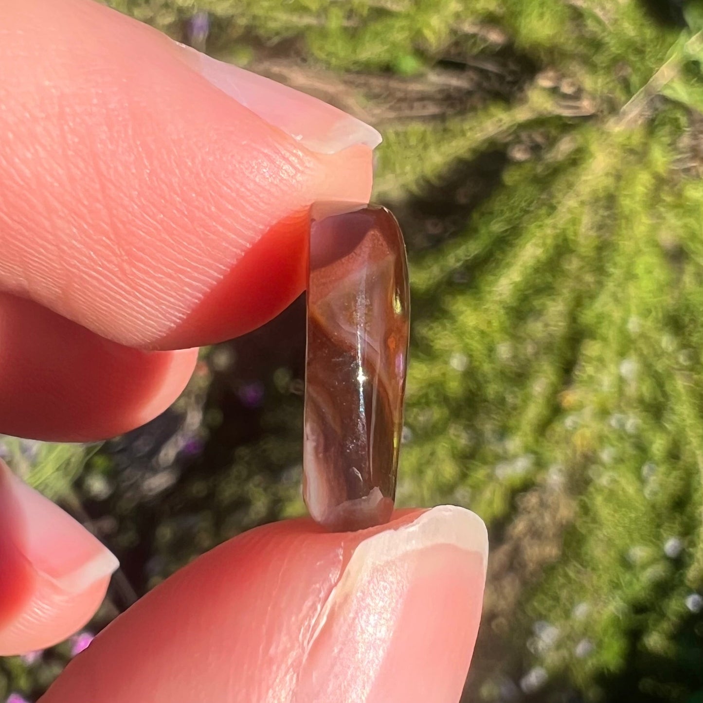 A loose, freeform cabochon cut fire agate gemstone. The stone is green with blue overtones.