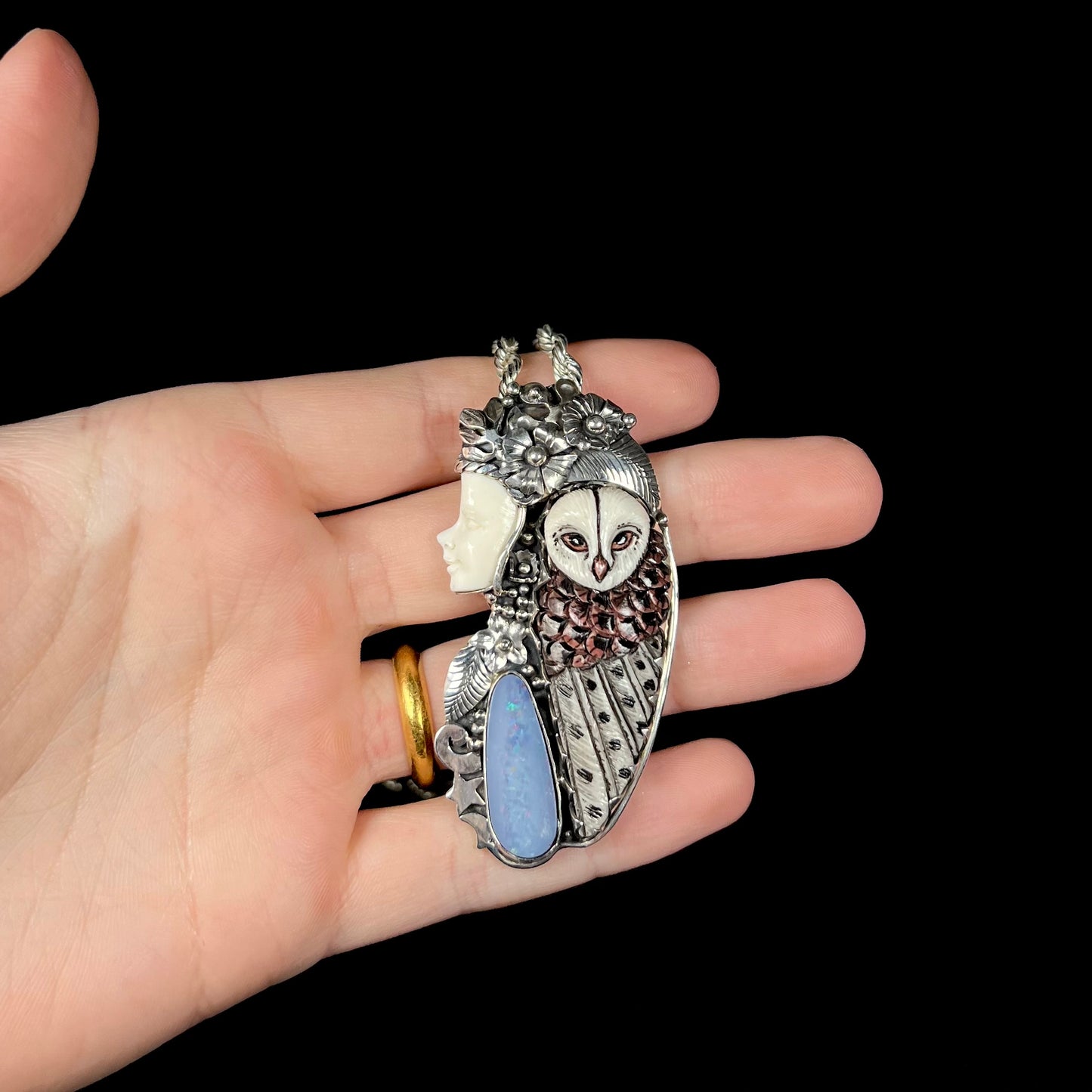 Lady Hantu | Indonesian Owl Woman Necklace with Opal Doublet in Sterling Silver