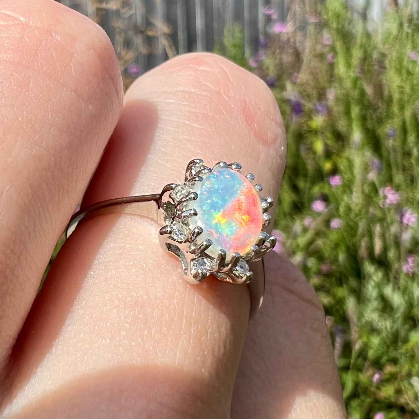 Carmen | Estate White Crystal Opal & Diamond Ring in 10kt White Gold