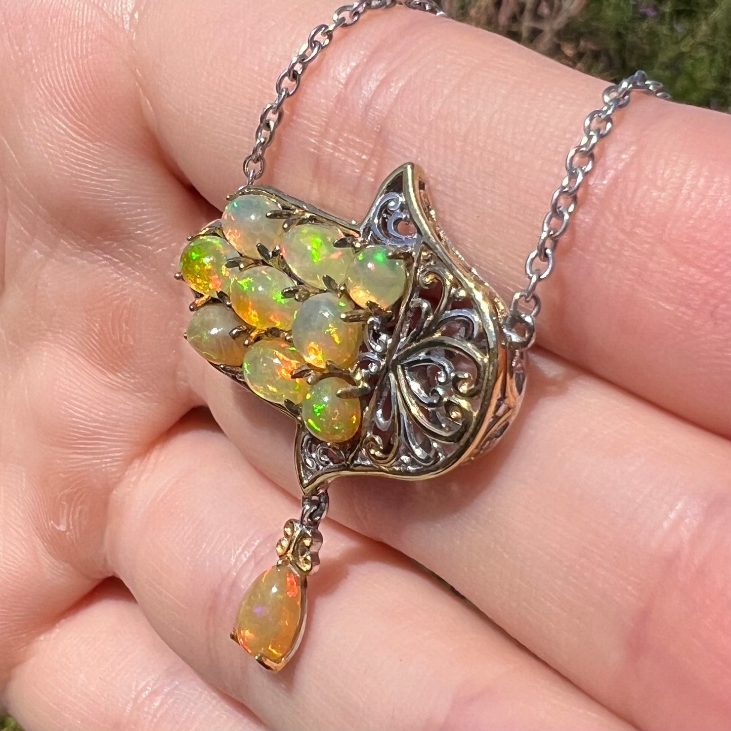 Sarah | Two-Tone Ethiopian Opal Hamsa Necklace in Sterling Silver