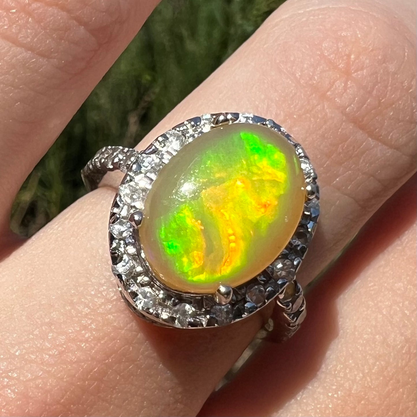 Close-up of fire opal and cubic zirconia halo ring, shown in sunlight; the opal has green and orange colors.