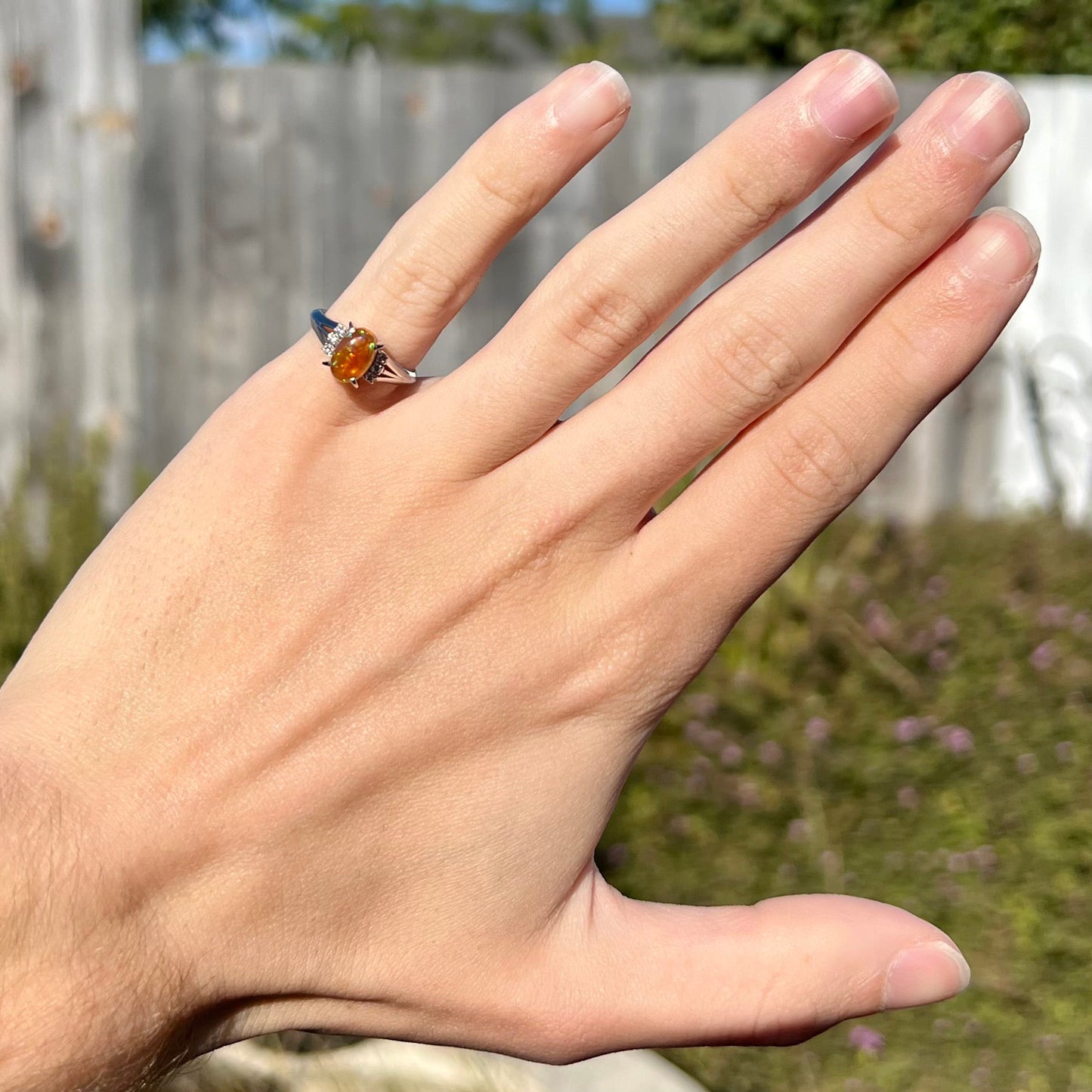 A platinum filigree and diamond-accented Mexican fire opal ring. The opal is orange with green fire.