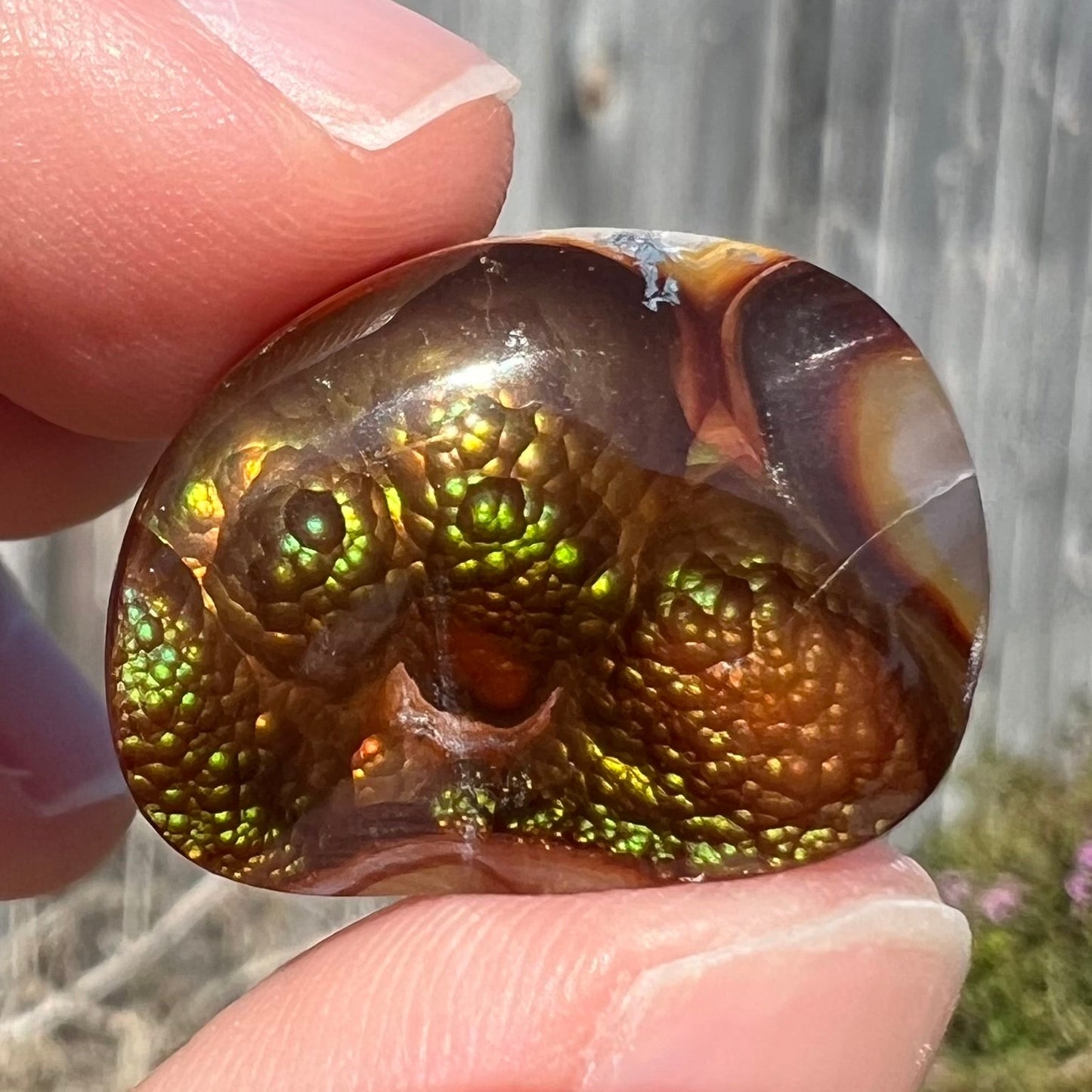 A large Mexican fire agate cabochon. The stone has a bubbly green pattern.
