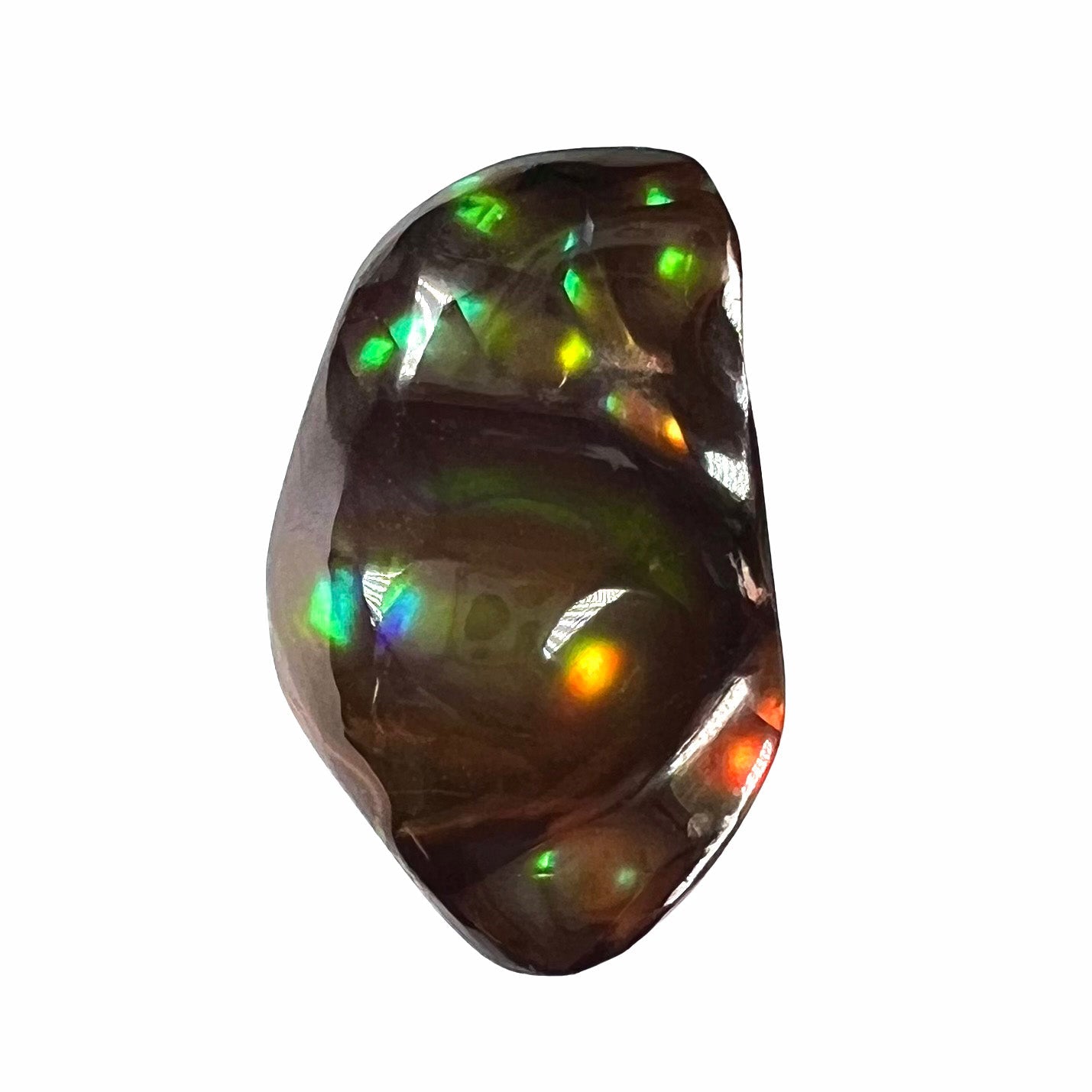 A loose fire agate stone. The stone has a rainbow of metallic iridescence.