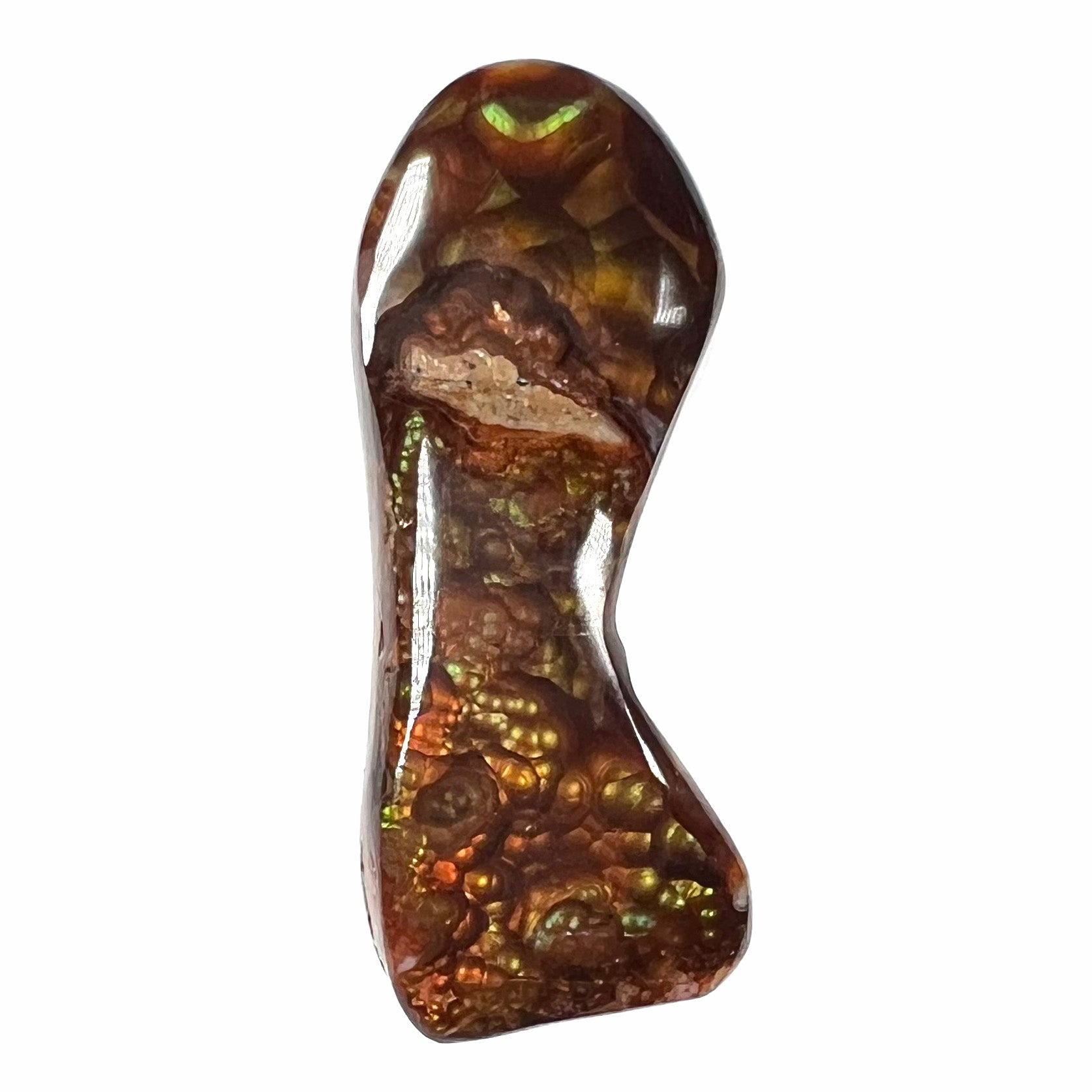 A loose, freeform cabochon cut fire agate gemstone.  The stone exhibits a bubbly pattern.