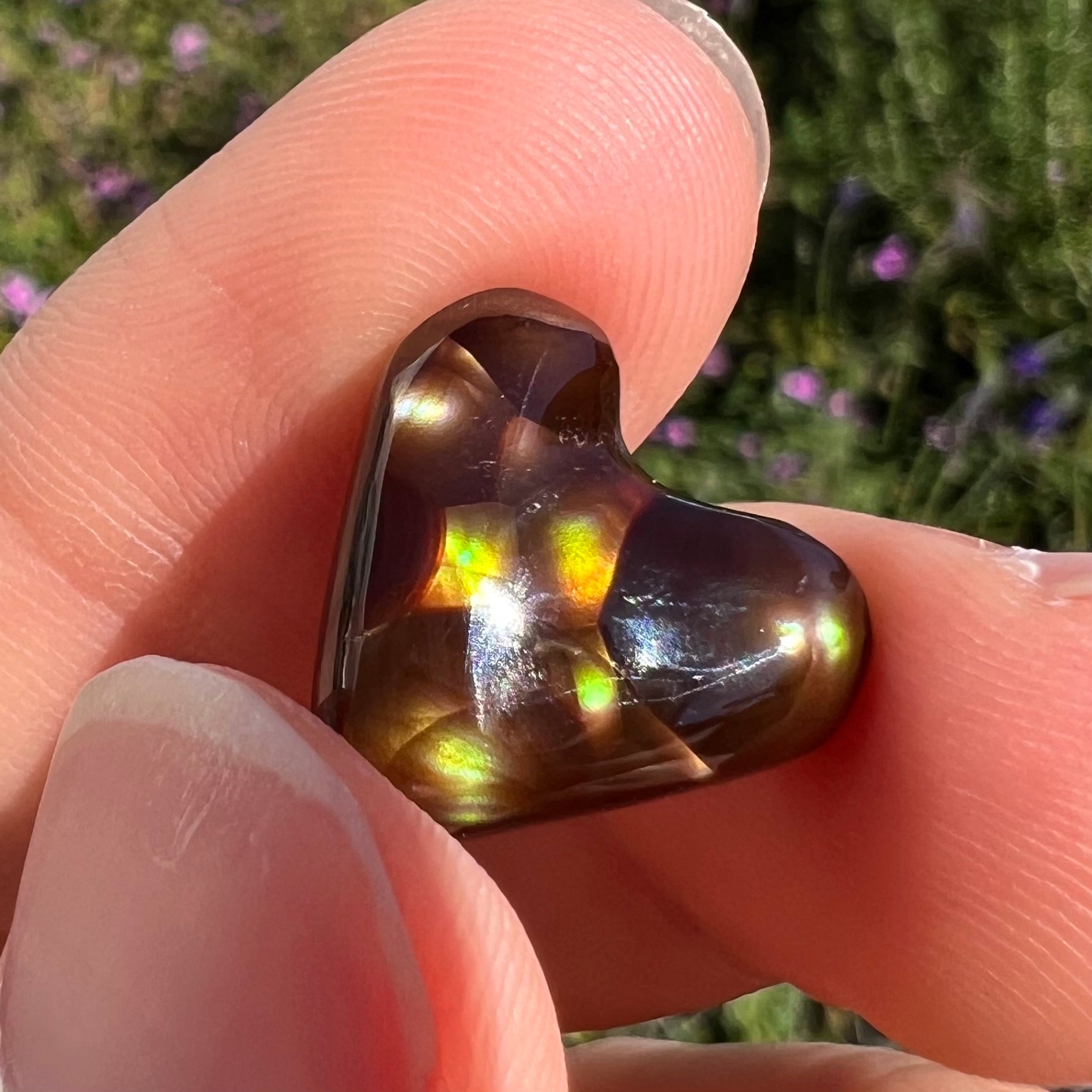 A cabochon cut heart shaped Mexican fire agate stone.  The stone is orange, yellow, pink, green, and purple.