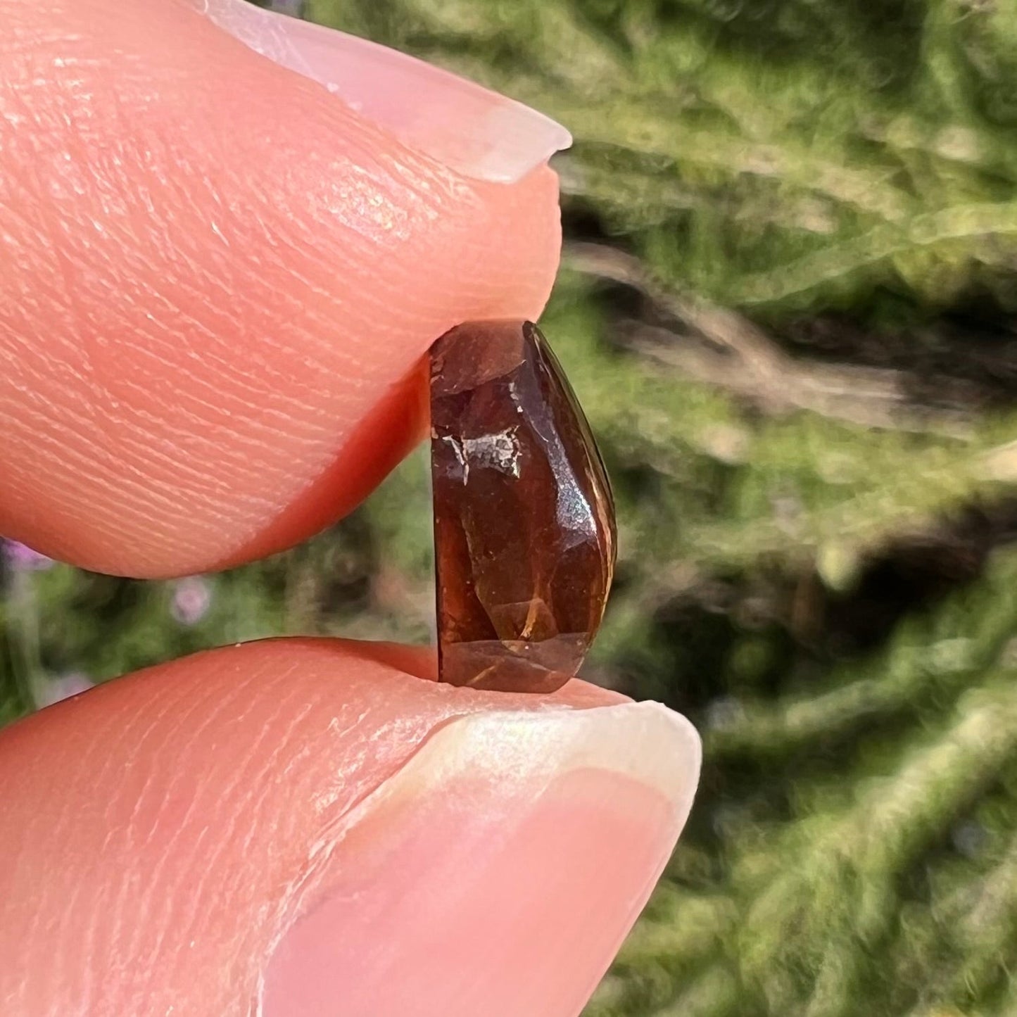 A loose, oval cabochon cut fire agate stone from Mexico. The stone has an iridescent purple and teal blue eye of color.