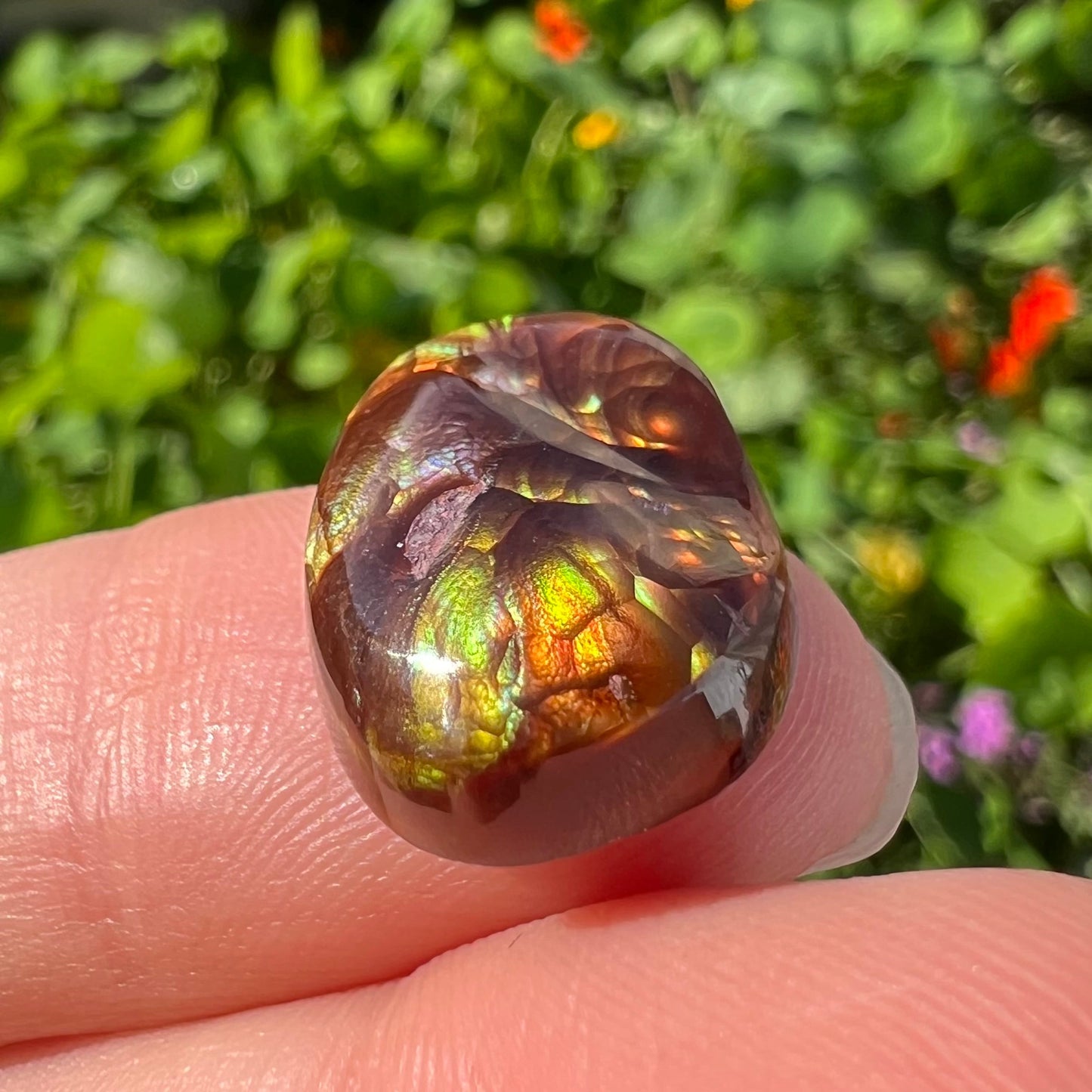 An oval cabochon cut Mexican fire agate stone. The stone's predominant colors are green, yellow, orange, and blue.
