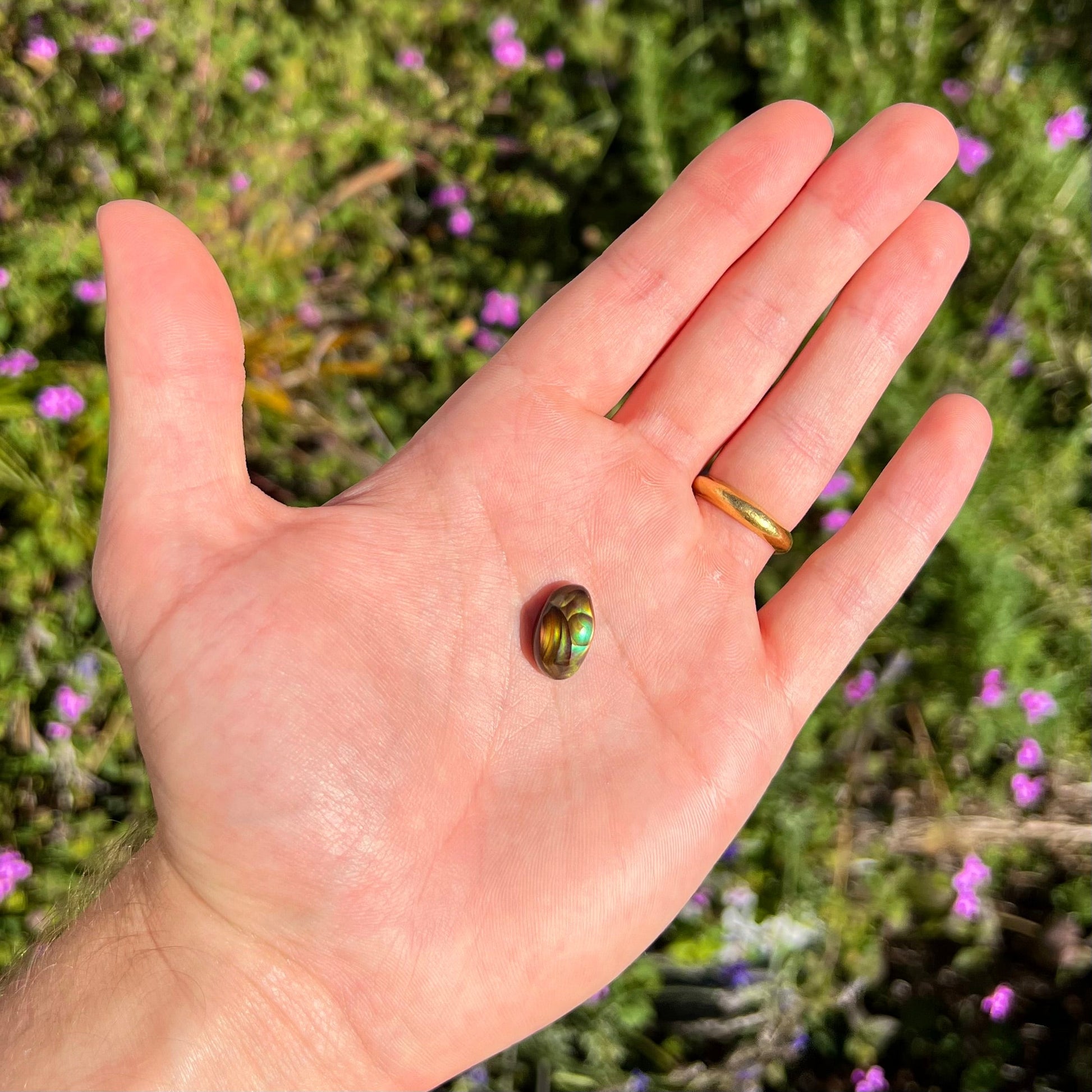 A loose, gem grade Mexican fire agate stone.  The stone is finely banded and ice blue green color.
