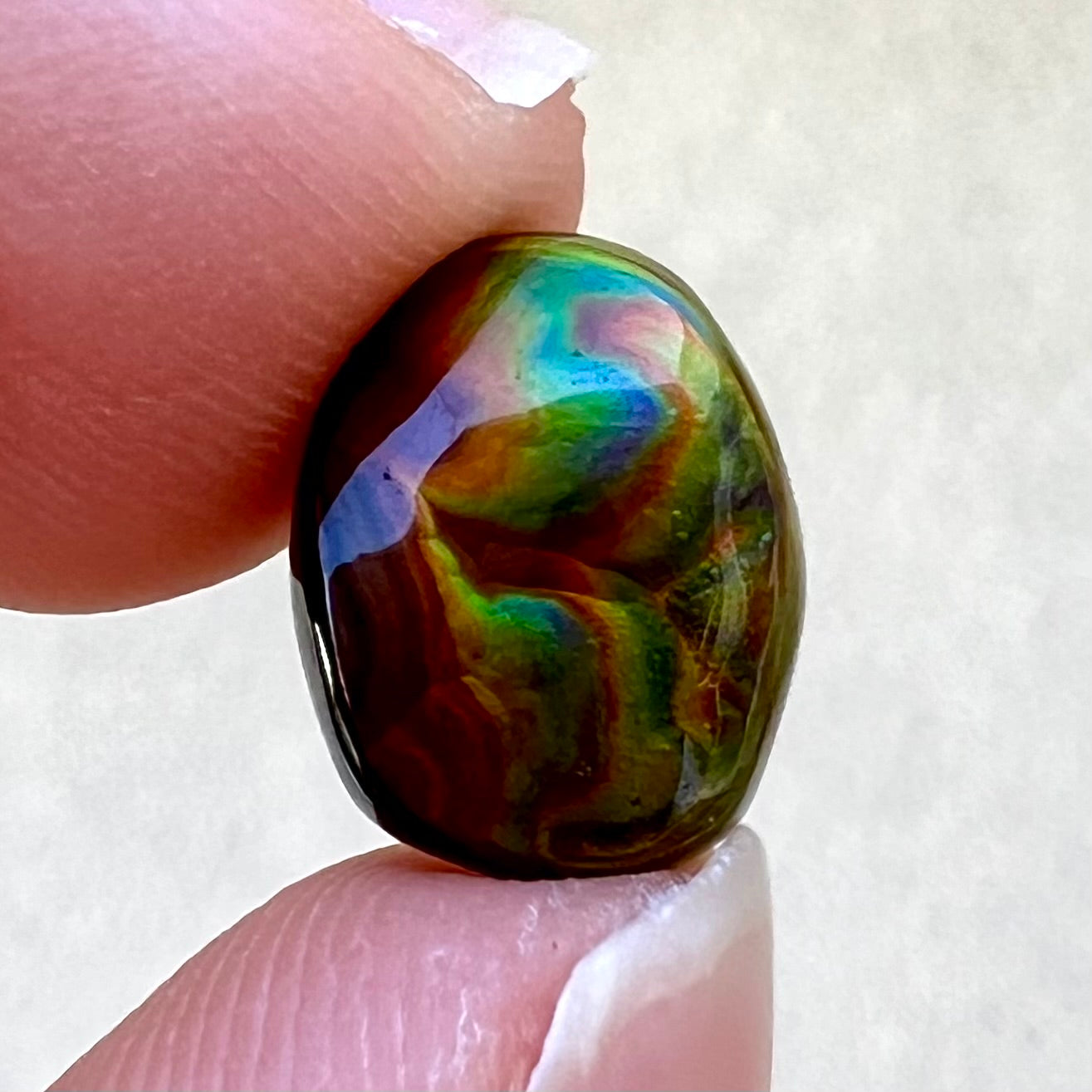 A loose, imperial grade Mexican fire agate gemstone. The stone brightly glows every color in the sunlight.
