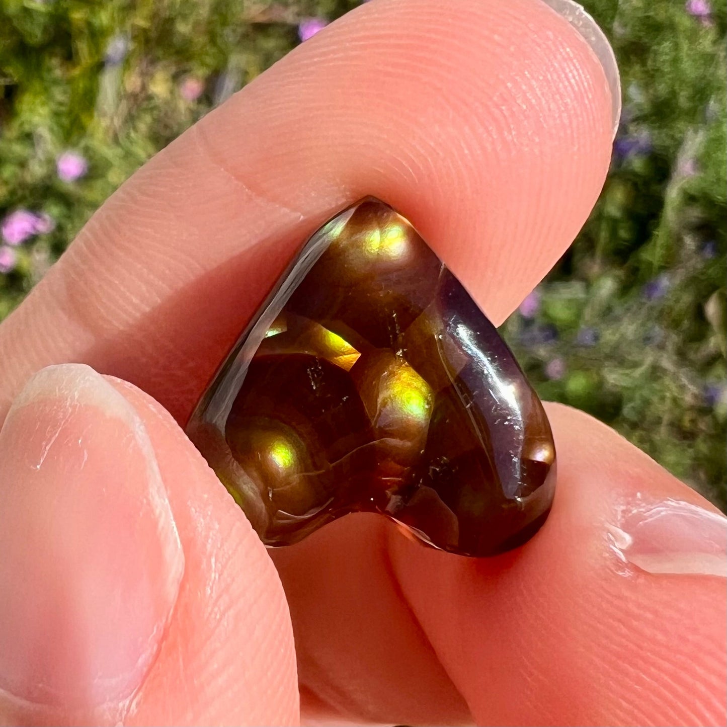 A cabochon cut heart shaped Mexican fire agate stone. The stone is orange, yellow, pink, green, and purple.
