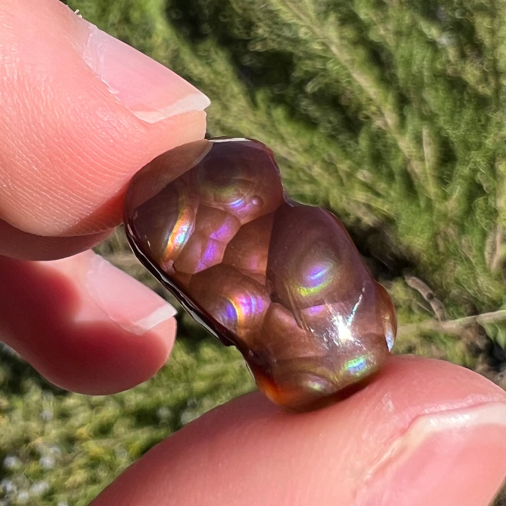A polished, freeform shaped fire agate stone.  The stone is purple, green, and blue with red and yellow banding.