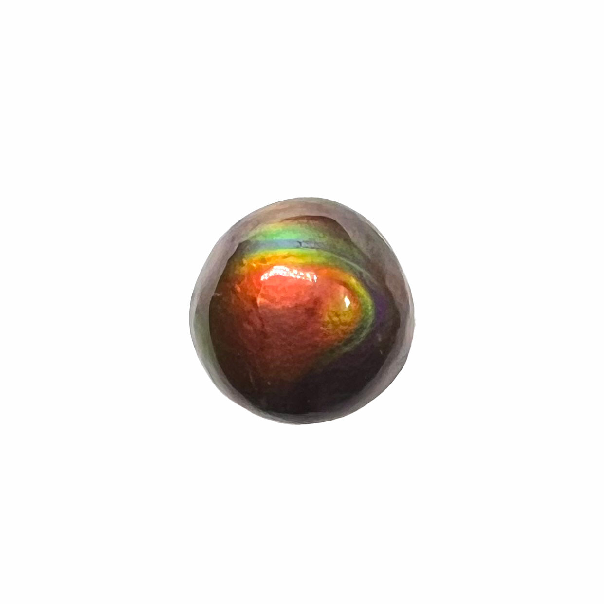 A 1.69ct round cabochon cut Mexican fire agate stone.  The stone is red with purple and green swirls.