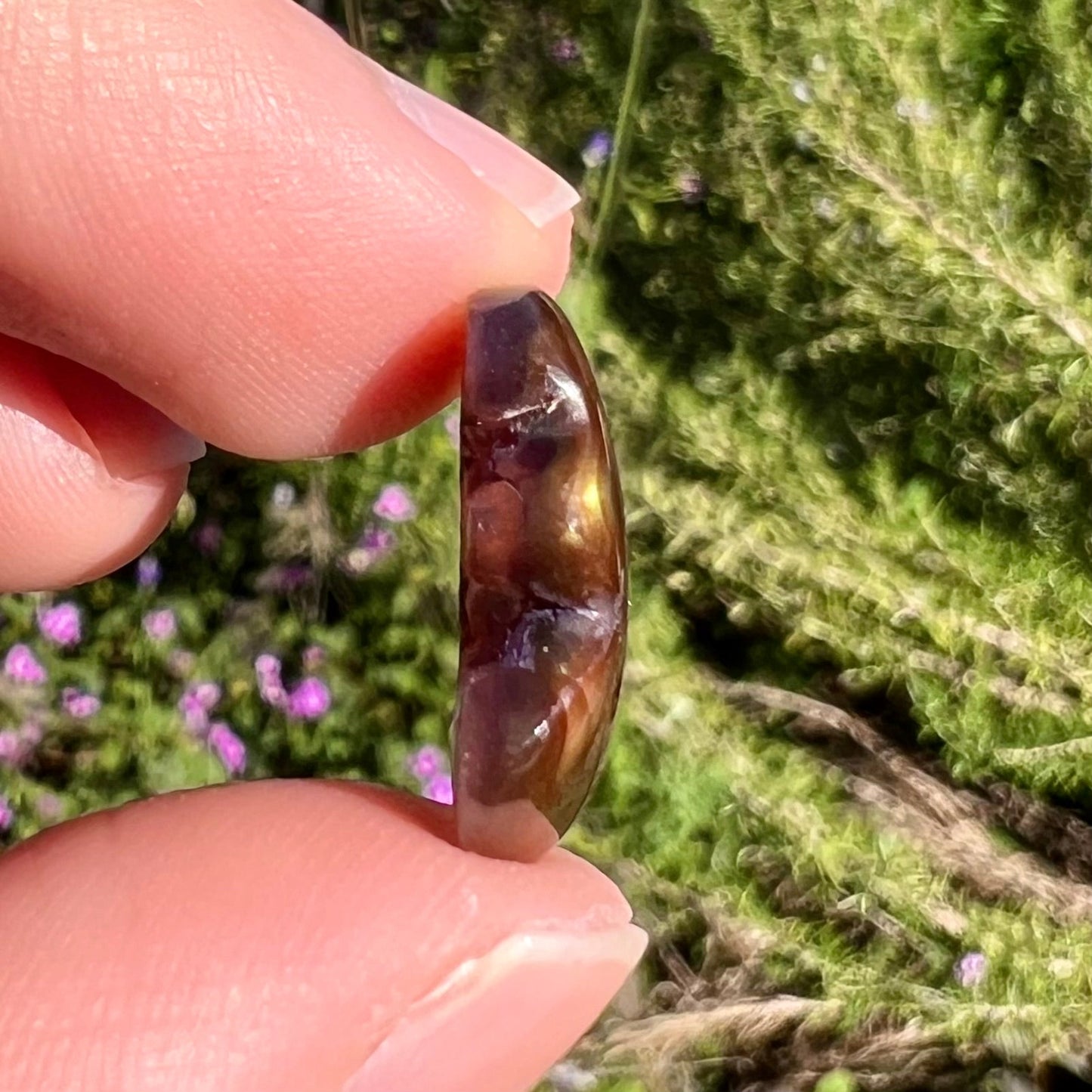 A polished, freeform shaped fire agate stone. The stone is purple, green, and blue with red and yellow banding.