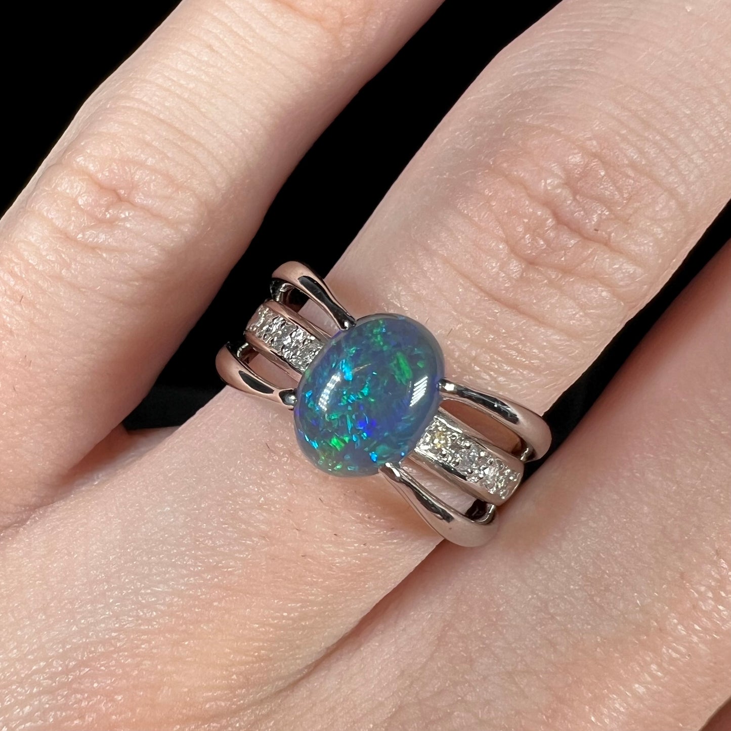 Alina | 1.88ct Lightning Ridge Black Opal & Diamond Ring in Platinum