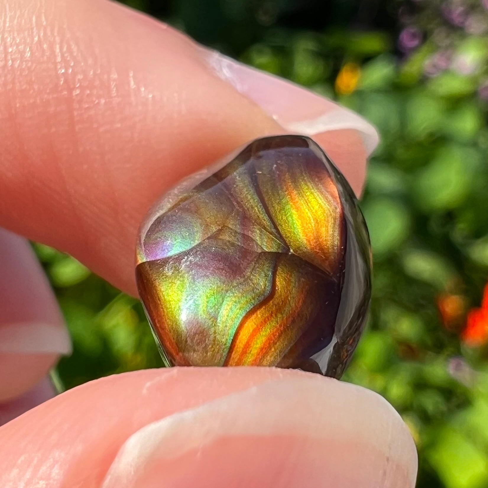 An oval cabochon cut Mexican fire agate stone.  The stone has bright, multicolored iridescent banding.