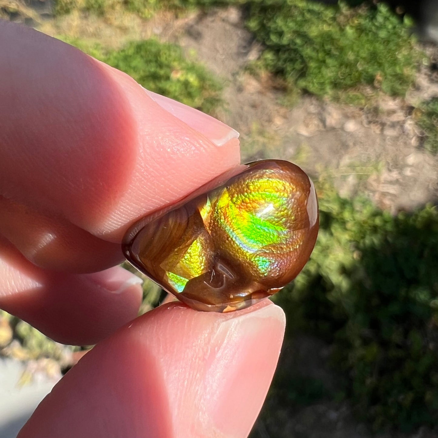 A brightly reflective Mexican fire agate cabochon. The stone has a strong green iridescence.