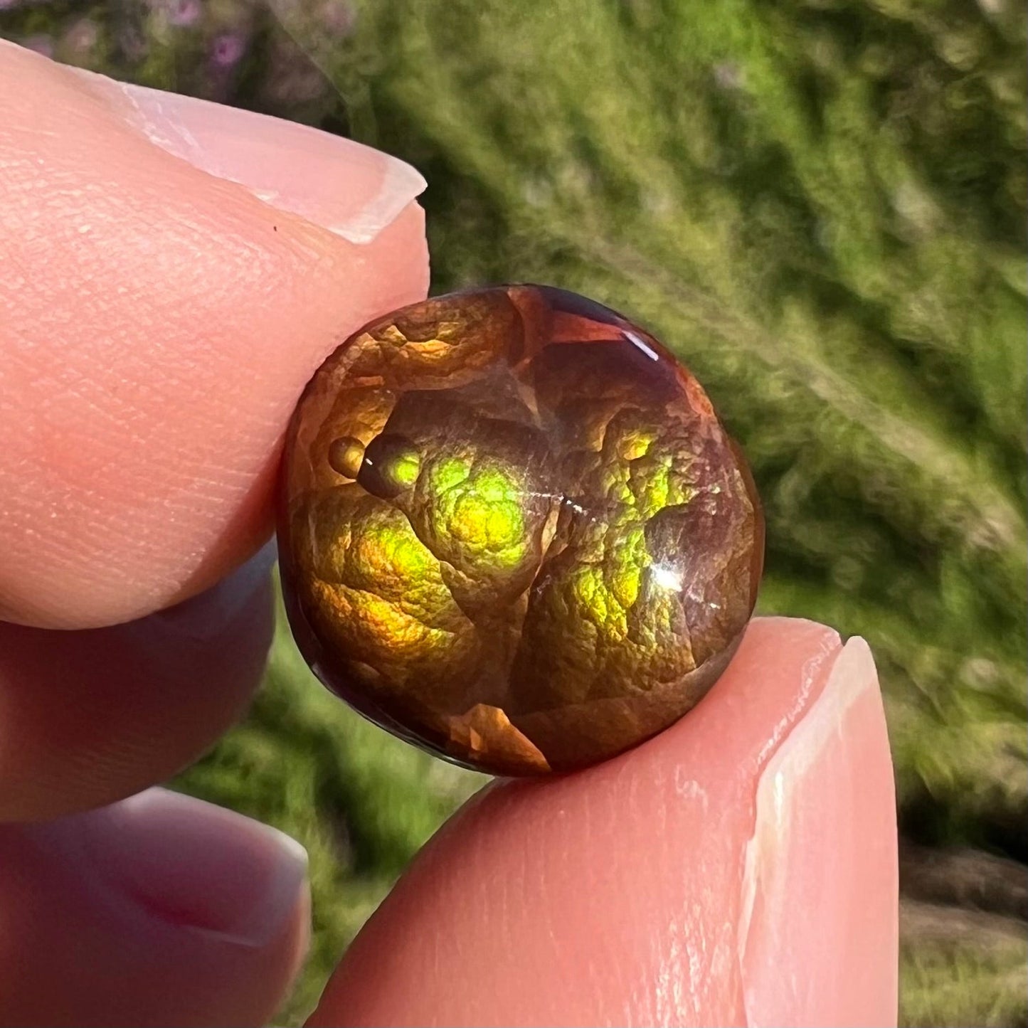 A loose, round cabochon cut fire agate stone. The gem is green with orange, red, blue, and a purple stripe.