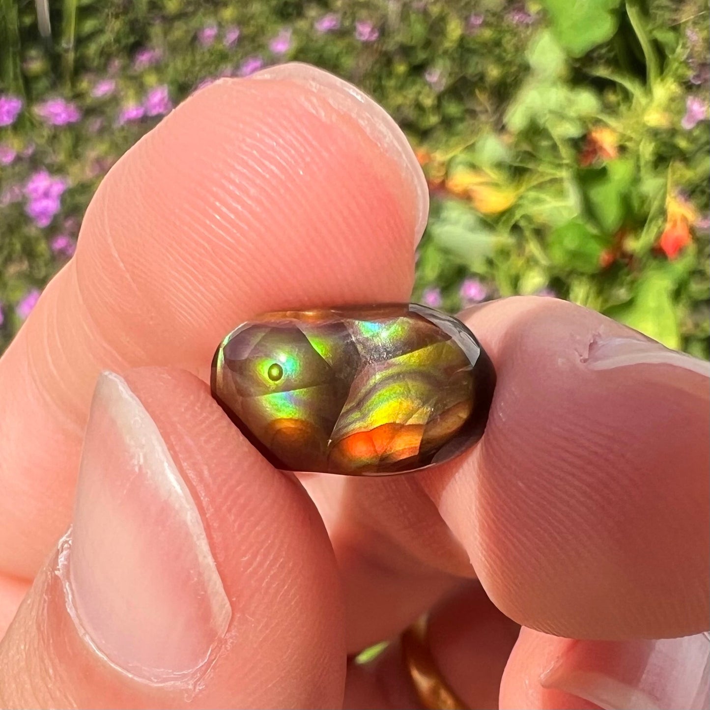 A loose, oval cabochon cut Mexican fire agate stone. The stone has multi-colored banding with blue overtones.