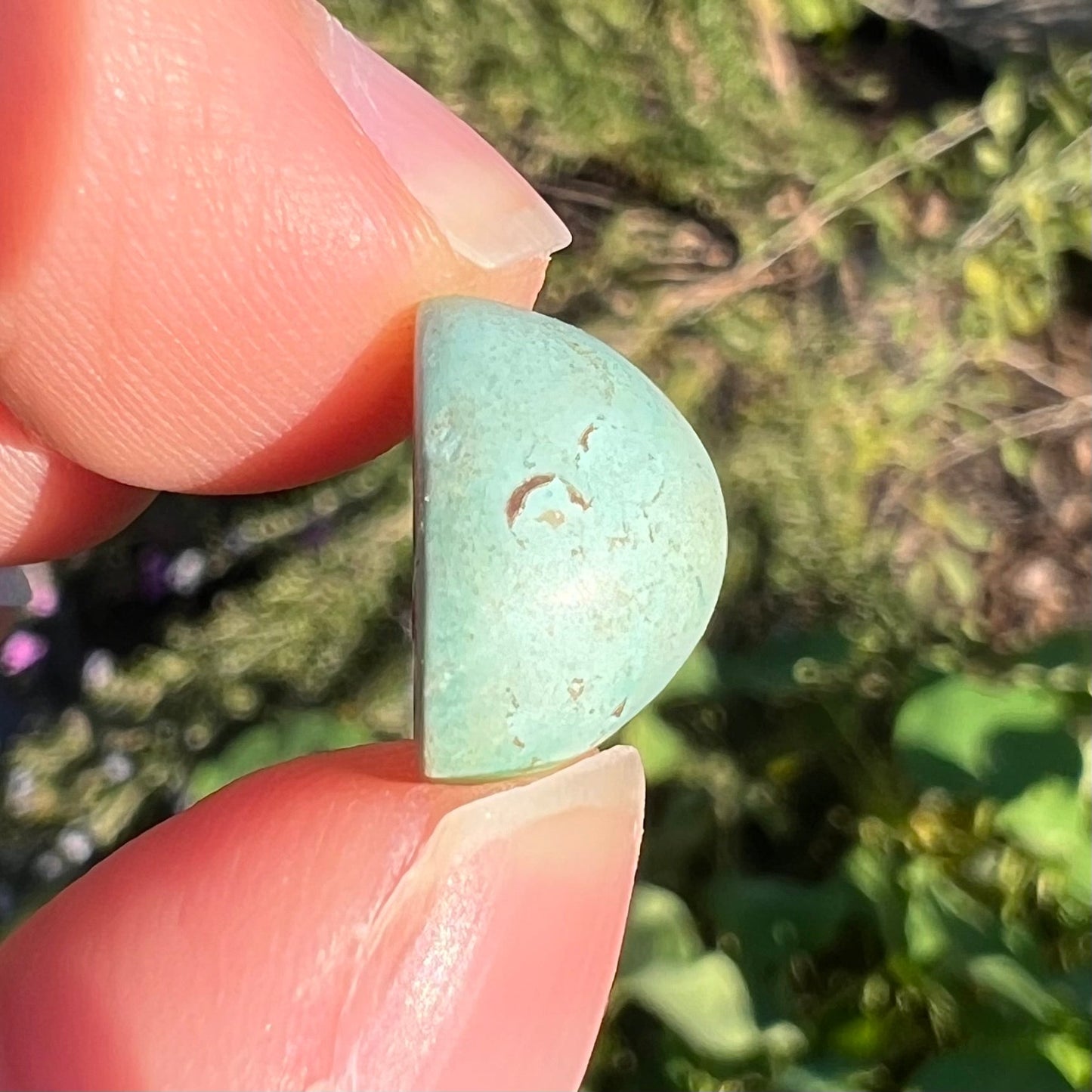 A loose, oval cabochon cut turquoise stone from the Sleeping Beauty Mine in Arizona. The stone is a greenish blue color.