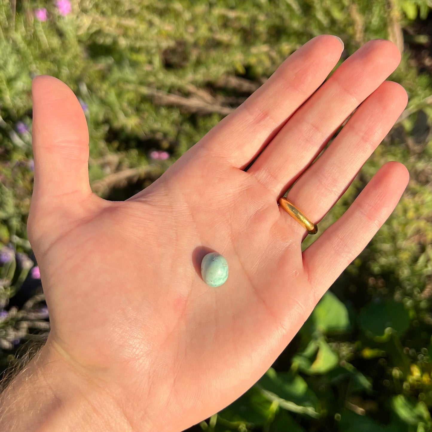 A loose, oval cabochon cut turquoise stone from the Sleeping Beauty Mine in Arizona. The stone is a greenish blue color.