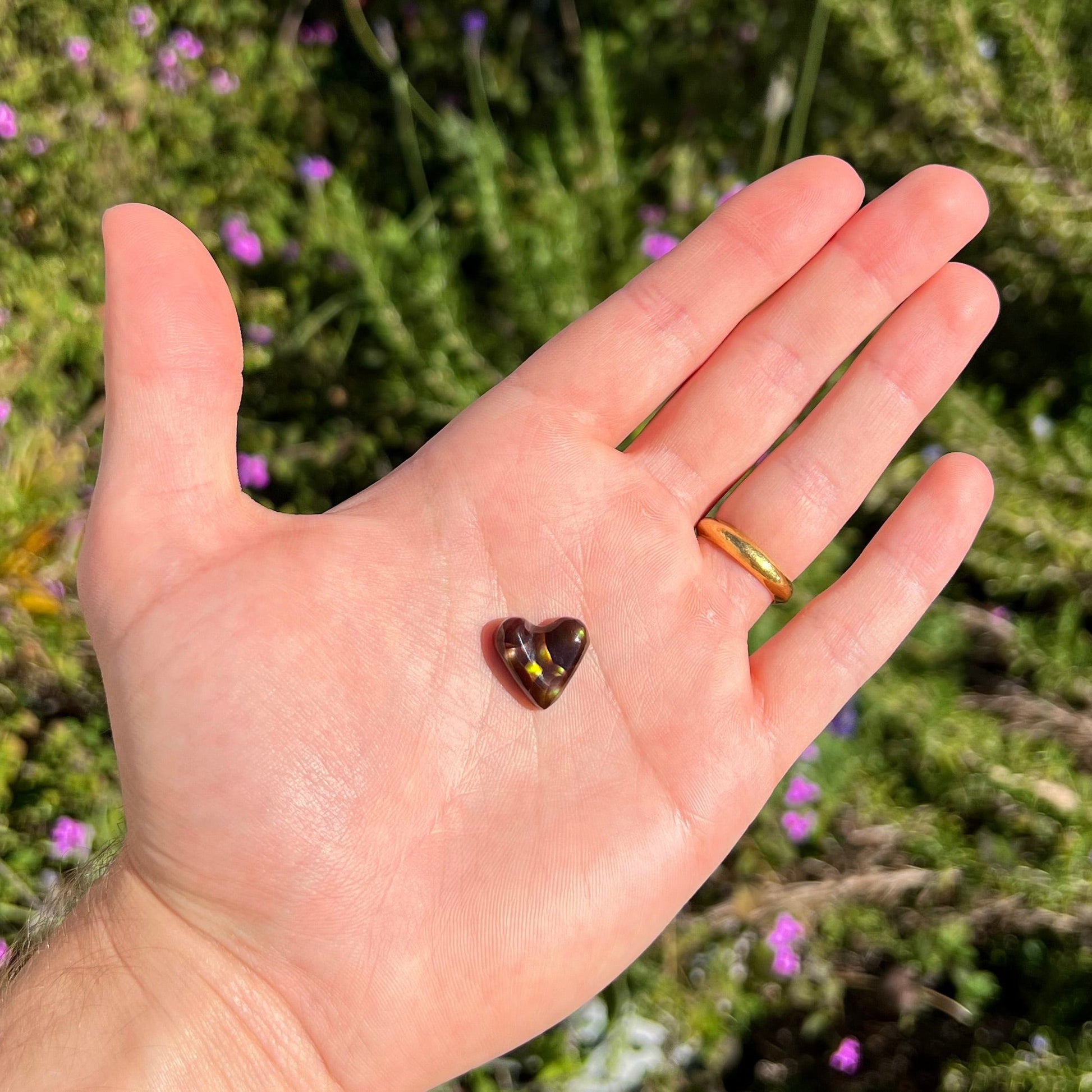 A cabochon cut heart shaped Mexican fire agate stone.  The stone is orange, yellow, pink, green, and purple.