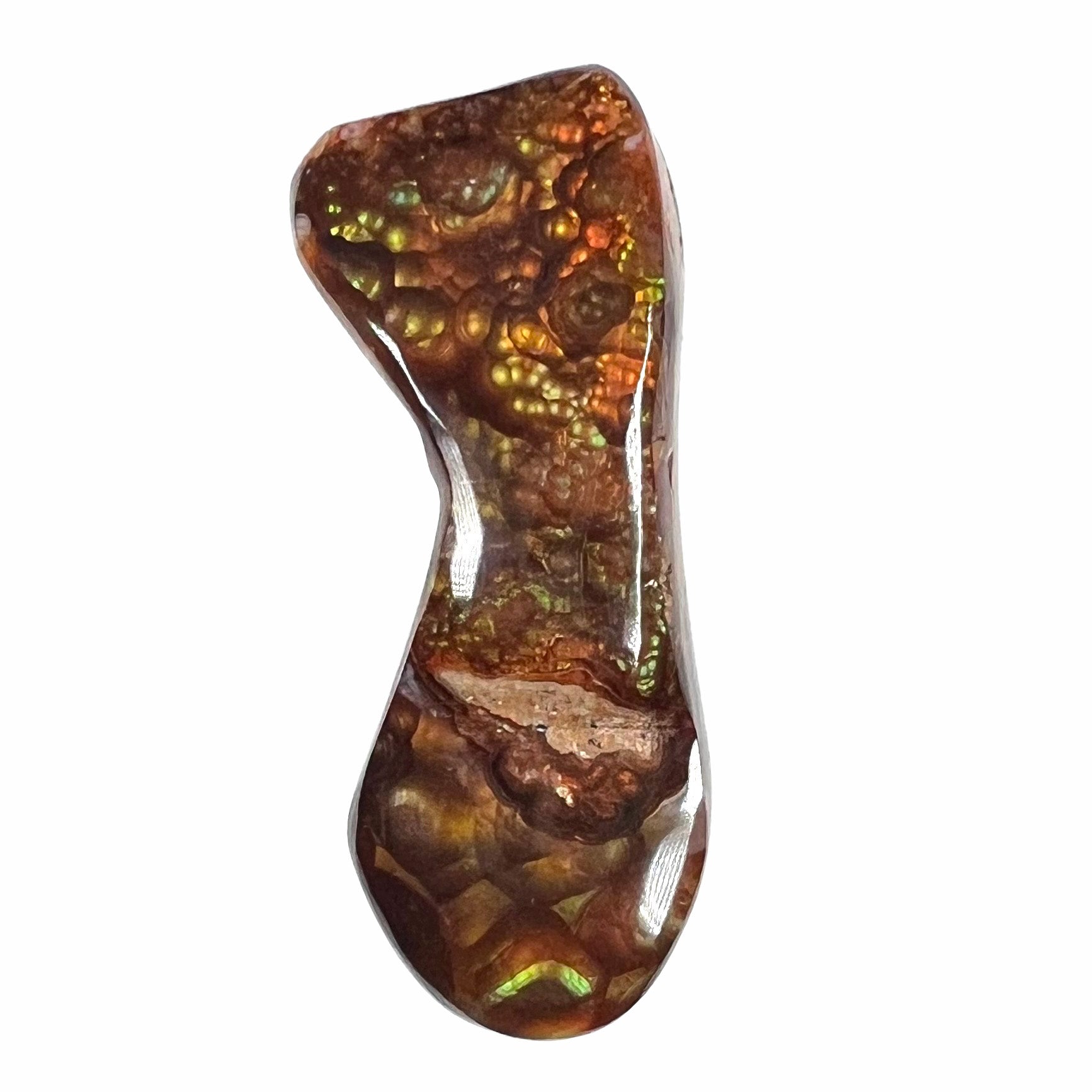 A loose, freeform cabochon cut fire agate gemstone.  The stone exhibits a bubbly pattern.