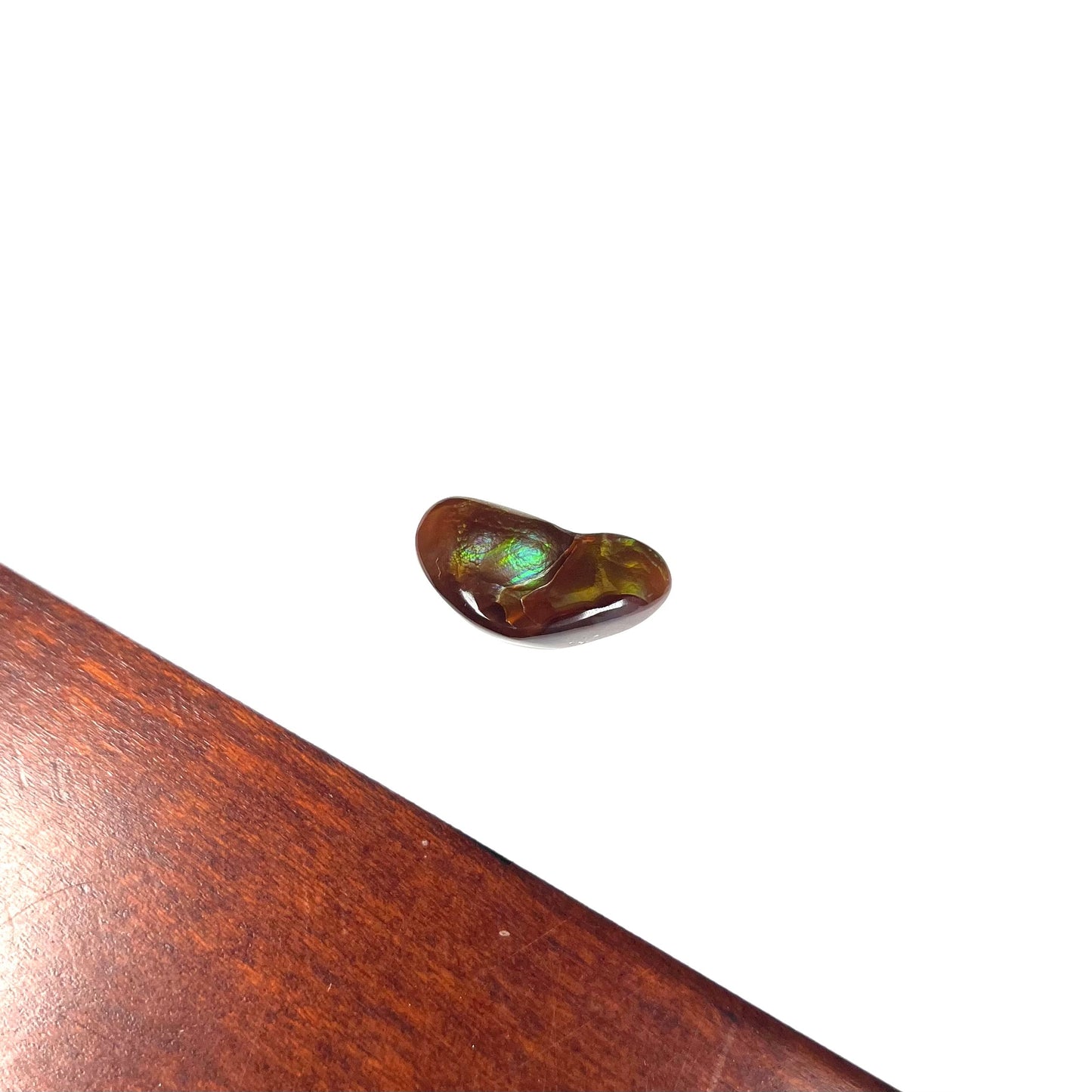 A loose, boomerang shaped fire agate cabochon. The stone displays greens, purples, blues, and reds.