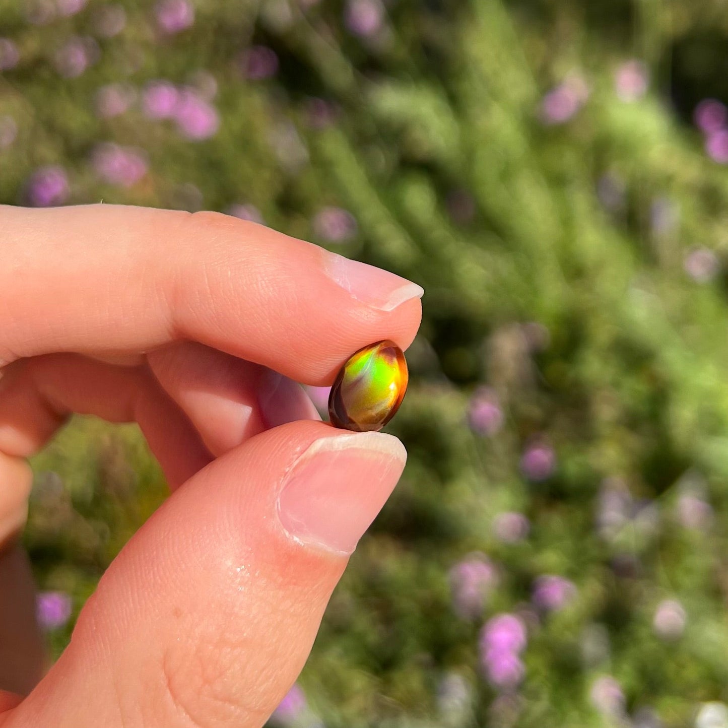 A loose, 3.38ct, pear shaped Mexican fire agate stone. The stone shines a vivid, bright green color with a purple streak.