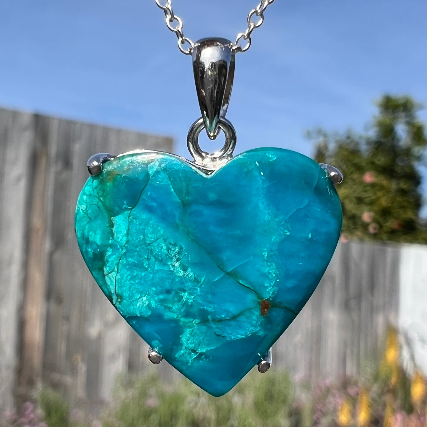 Macro view of natural Chilean blue opal heart pendant in direct sunlight with silver frame.