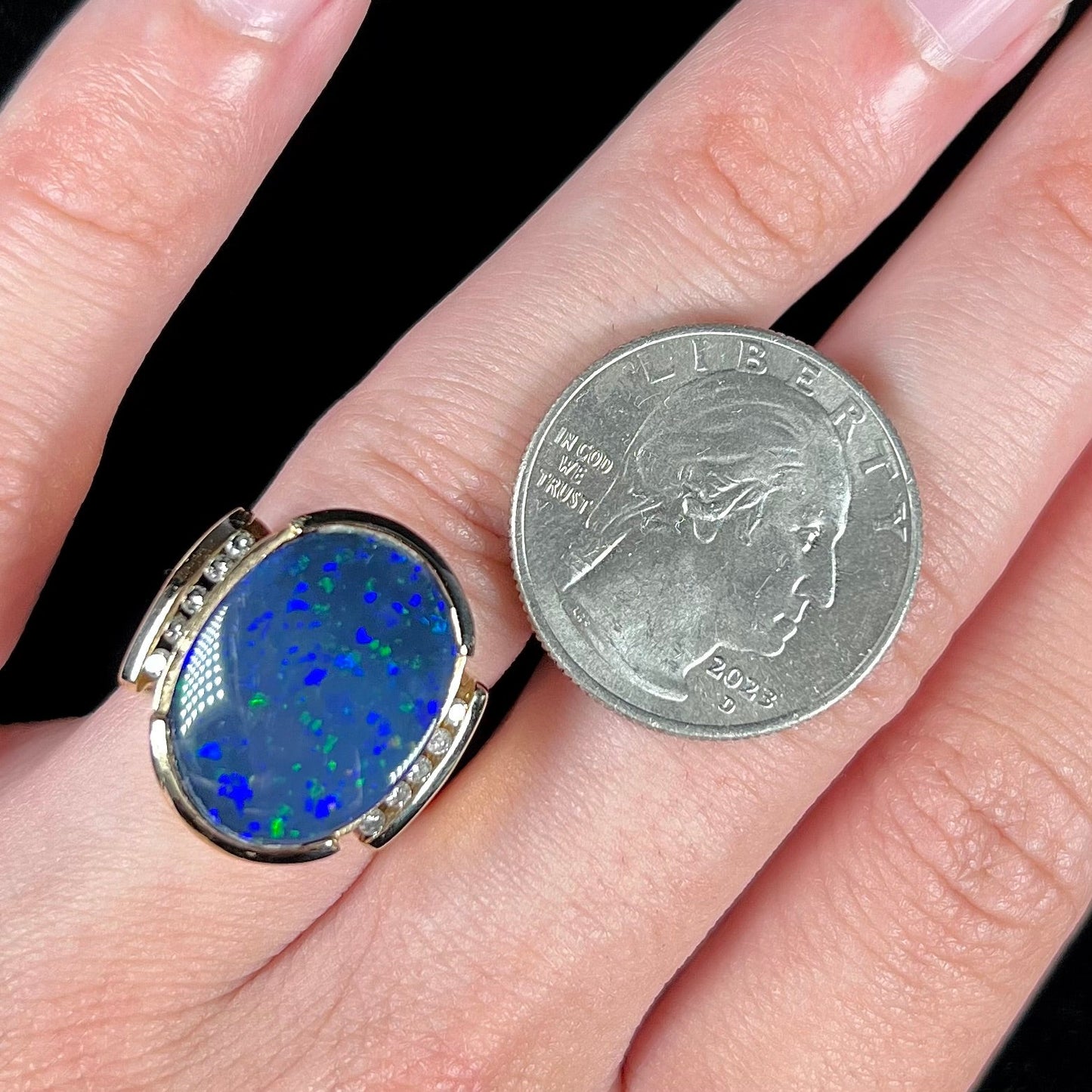 Lulu | Estate Black Boulder Opal Doublet & Diamond Ring in 14k Gold