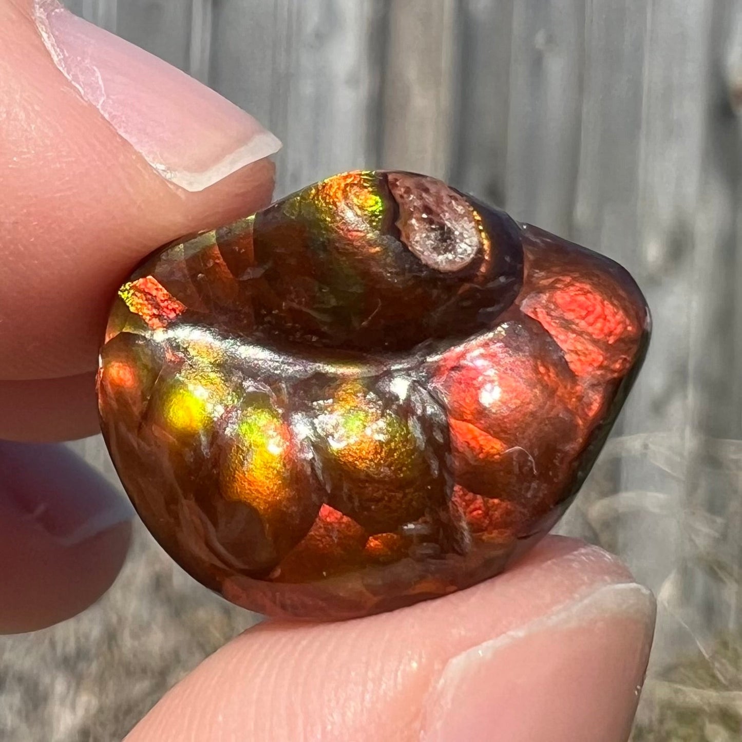 A large Mexican fire agate gemstone. The stone is red with green iridescence and a waxy luster.