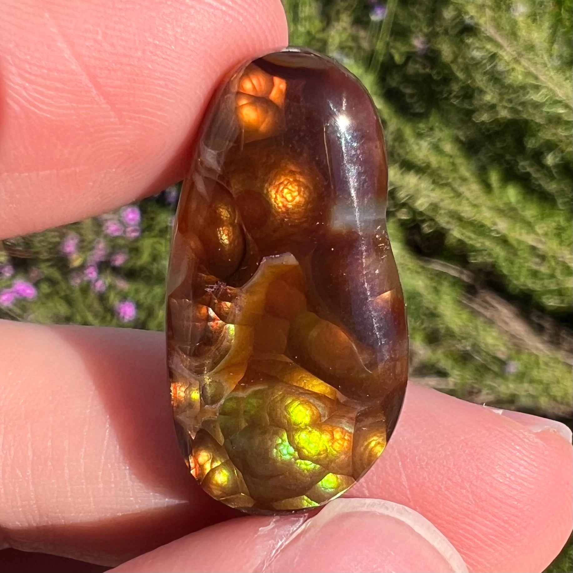A loose fire agate cabochon.  The stone has iridescent green, yellow, and blue colors.