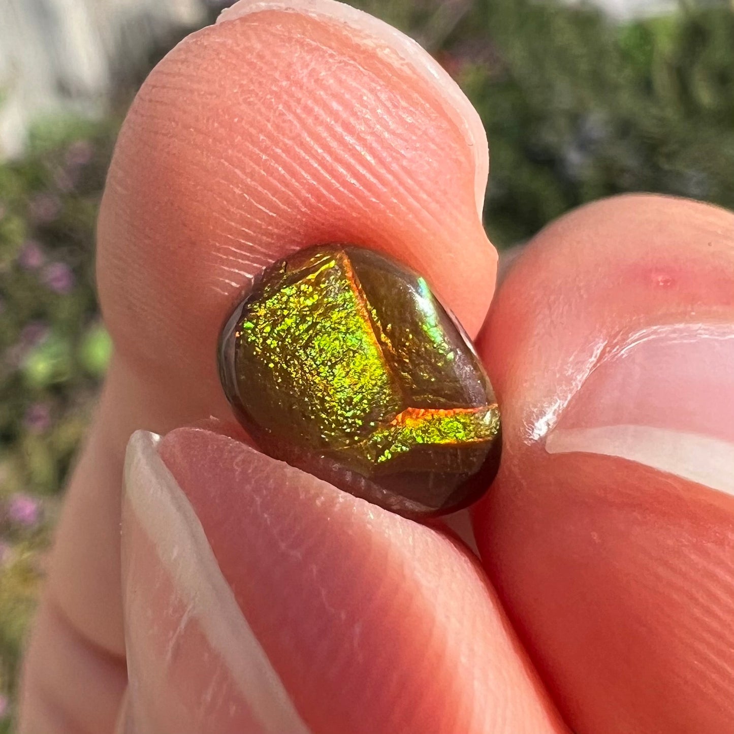 A pear shaped Mexican fire agate cabochon. The stone has a glittery luster with green and orange colors.
