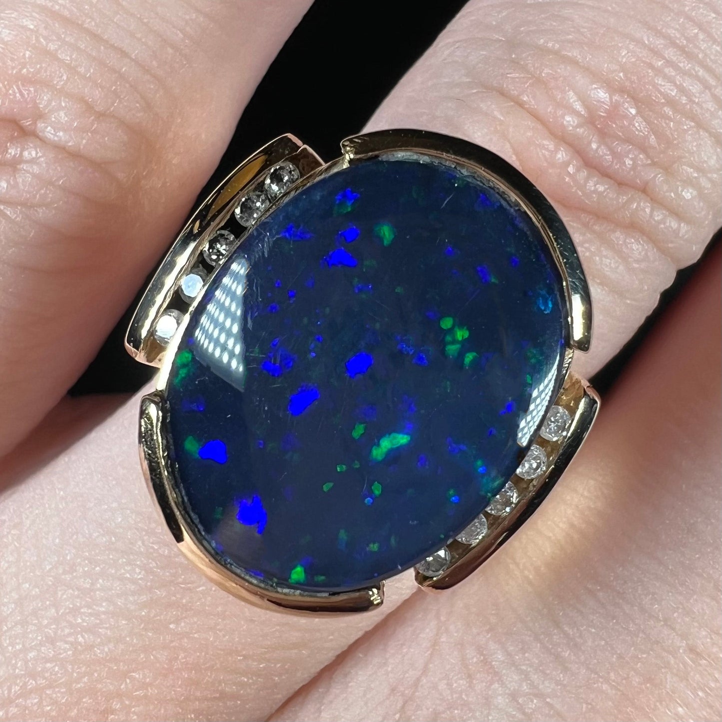 Lulu | Estate Black Boulder Opal Doublet & Diamond Ring in 14k Gold